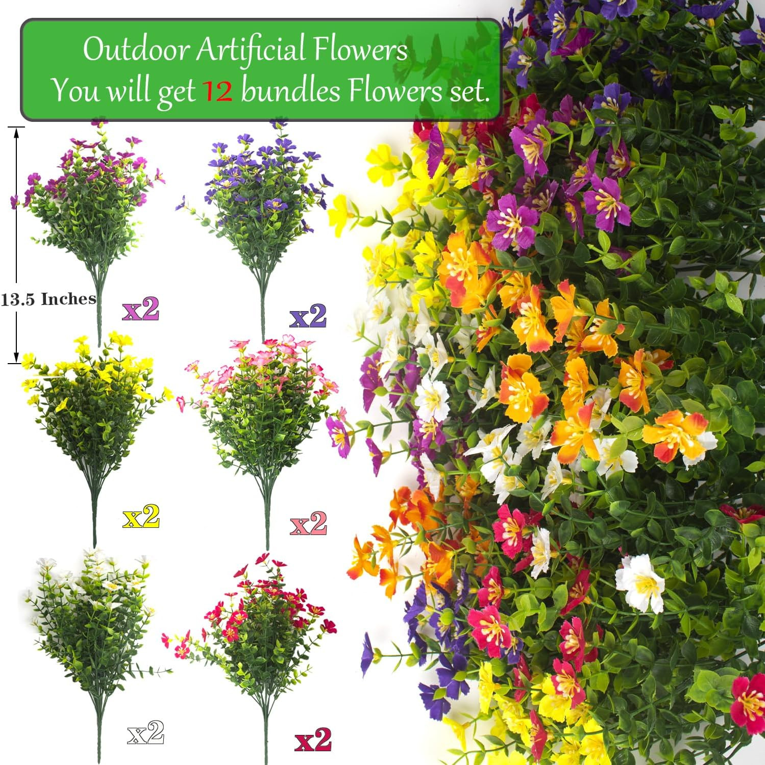 Outdoor Artificial Flowers UV Resistant & Fade Proof, 12 Pack Realistic Fake Flo
