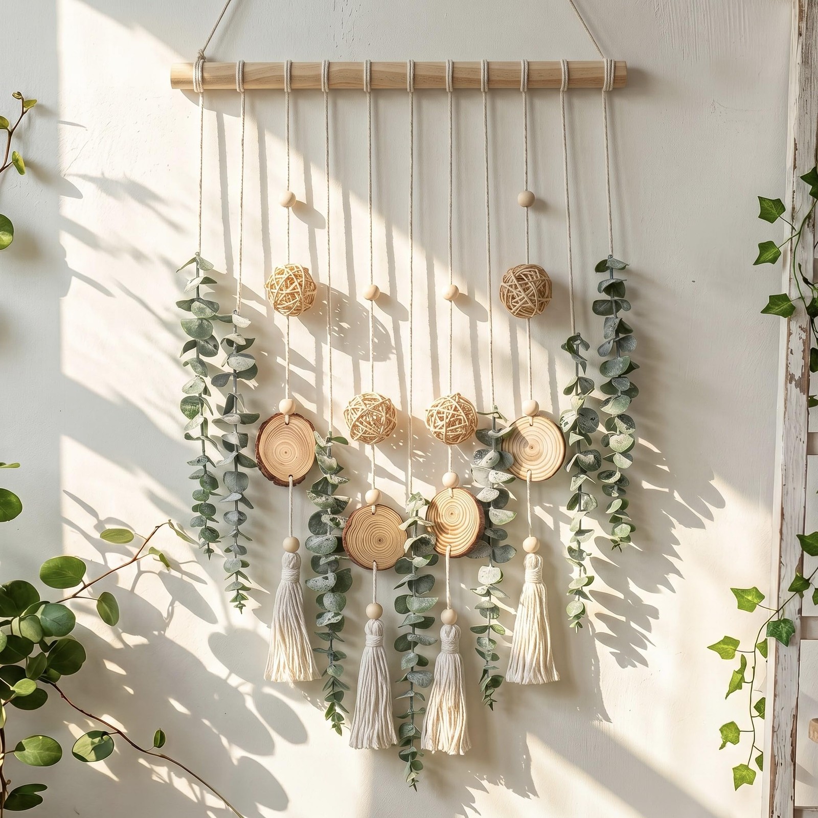 Artificial Eucalyptus Wall Hanging, Fake Greenery Leaves Stems with Wicker Ba…