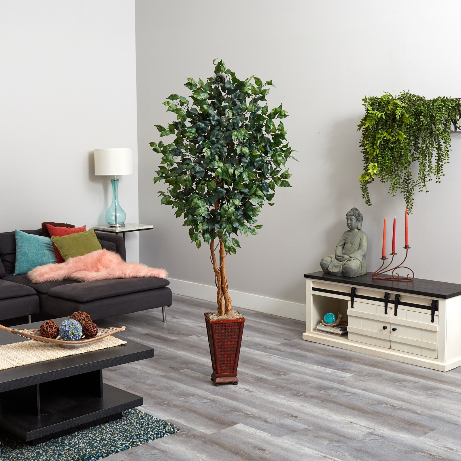 Nearly Natural 6.5ft Ficus with Decorative Planter in Green