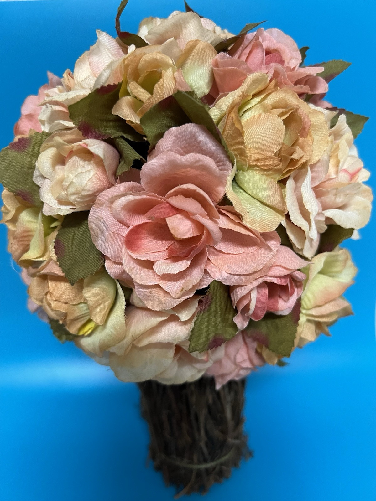 Vintage Flower & Straw Twig Standing Artificial Bouquet Of Roses Home Decor