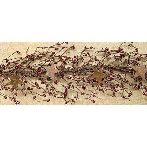 NEW Primitive Pip Berry Garland w/ Rusty 2″ Stars BURGUNDY BERRIES 40″ Crafts