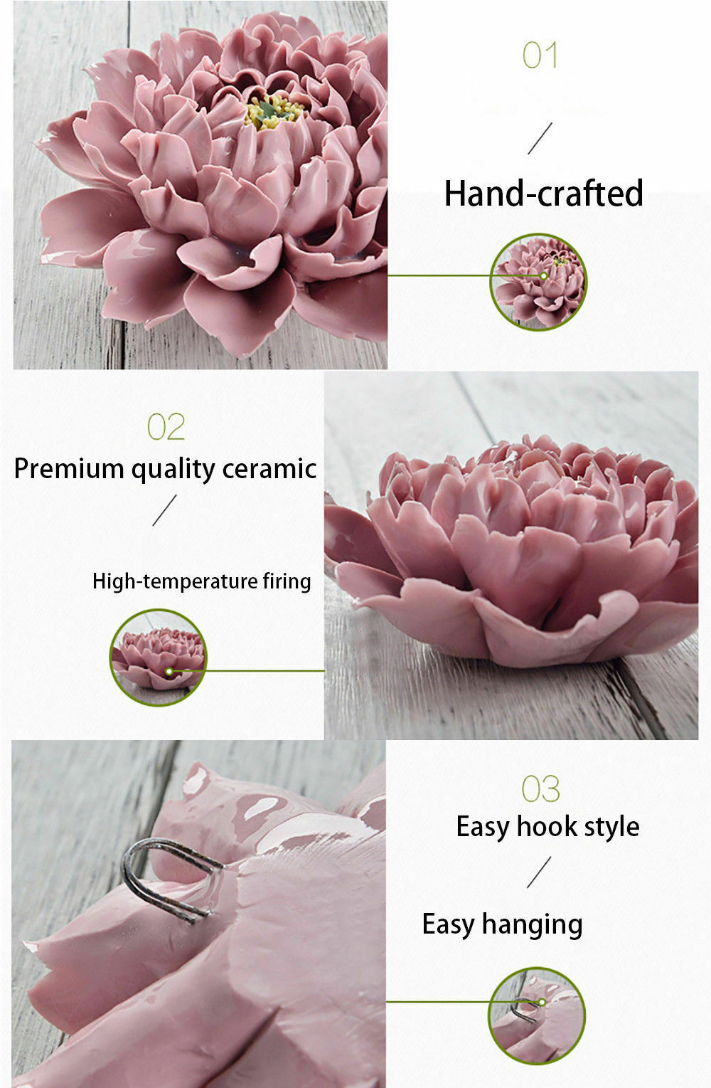 Peony Ceramic Flower Wall Decor Artificial 3D Flower Wall Study Living Room Art