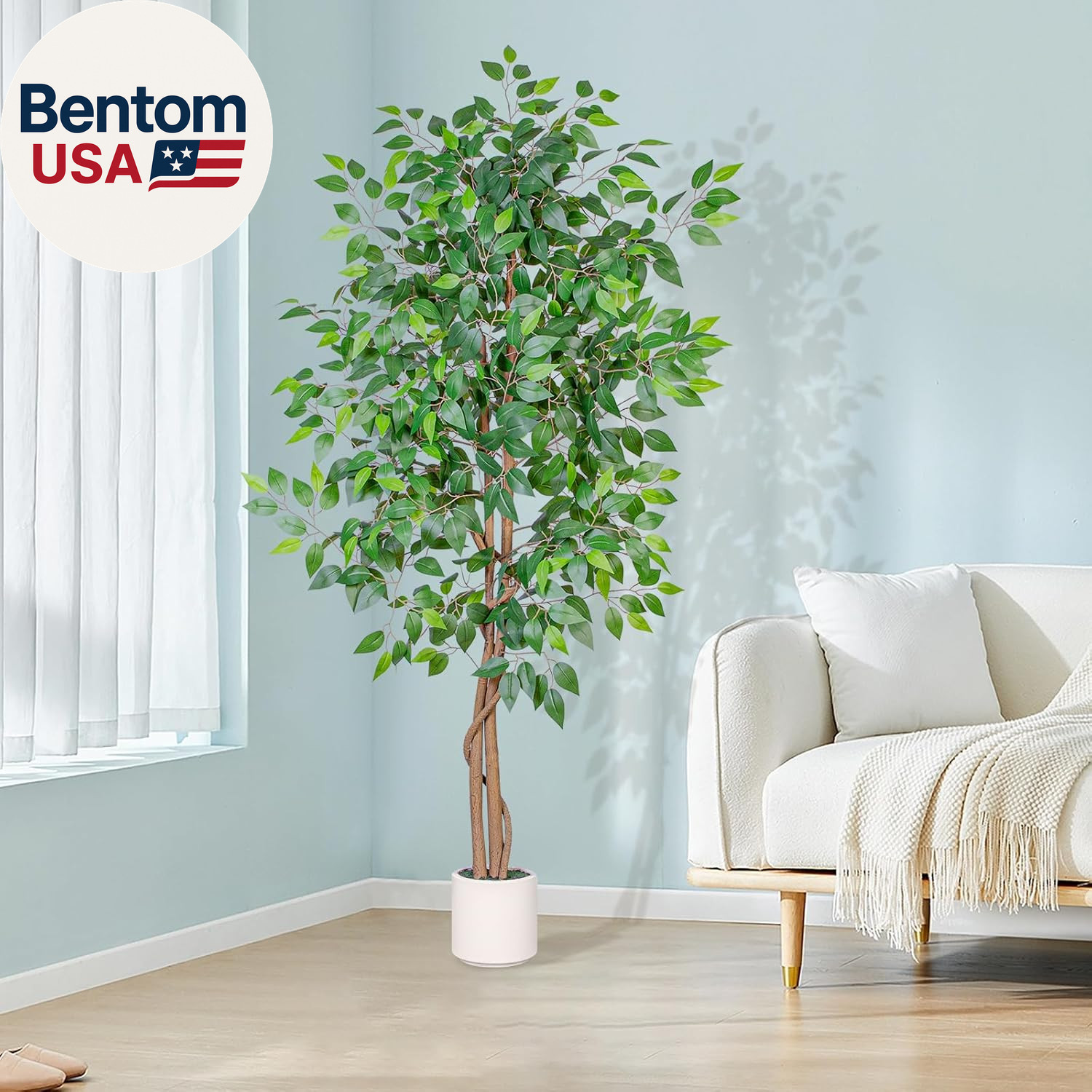 6FT Artificial Ficus Tree with White Planter, Realistic Faux Silk Indoor Outdoor