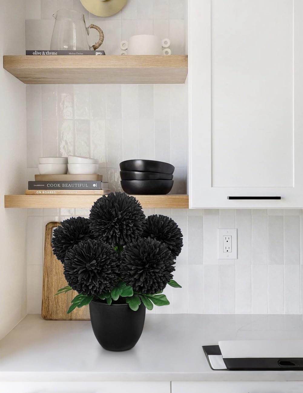 Briful Black Artificial Mums – Realistic Silk Fall Chrysanthemums in Black Po…