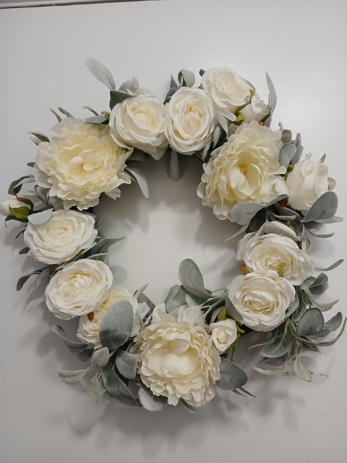 Gorgeous English White Roses & Sage Door Wreath 17″ Flower Elegant Summer Spring