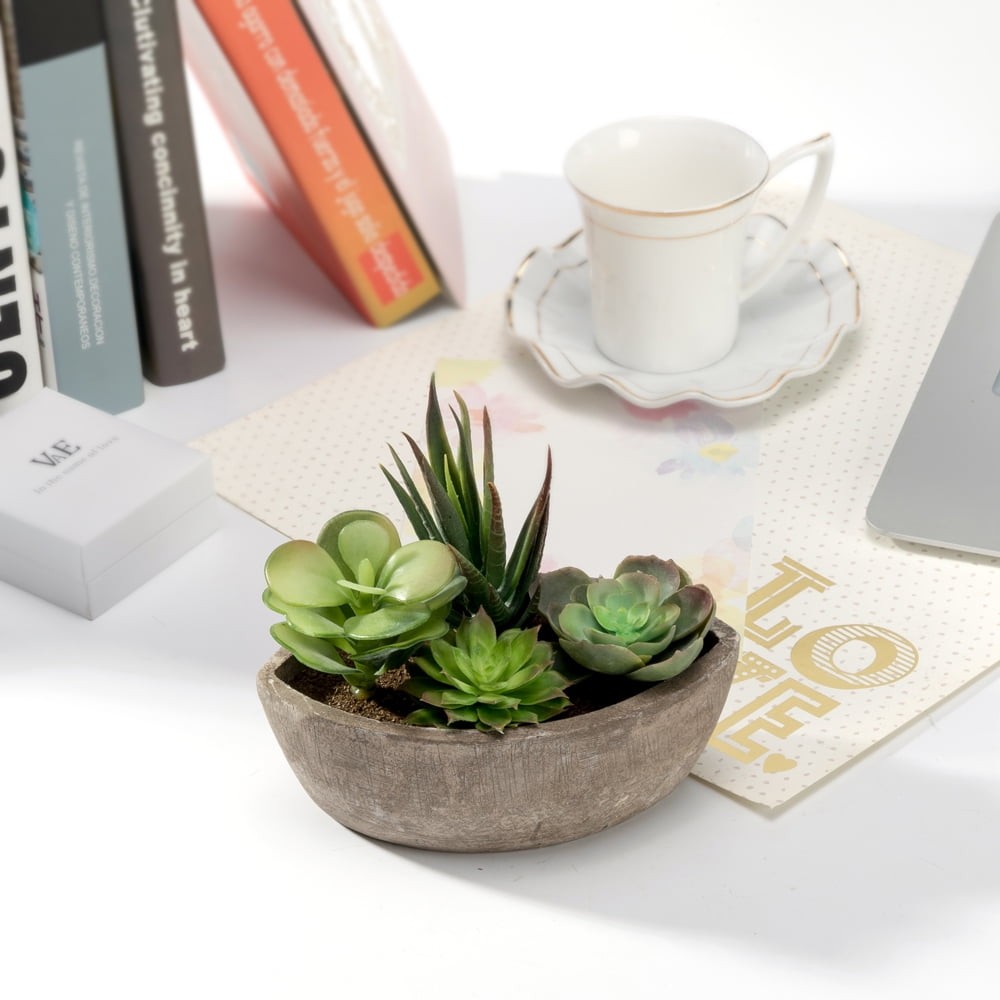 Faux Plant with a Boat Shape Gray Paper Pulp Pot 6.3L x 3.5W x 5.7H inches