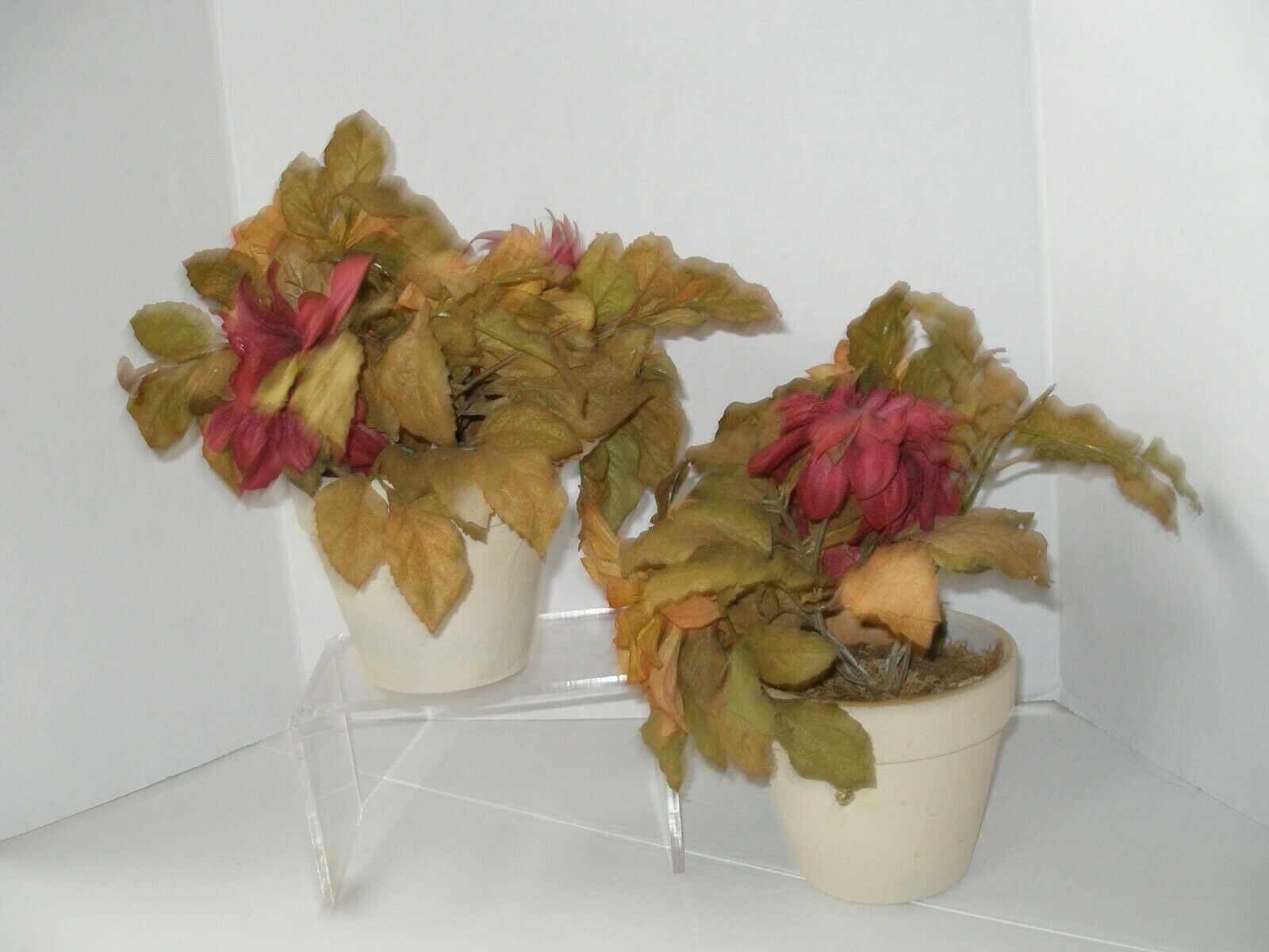 Pailr of Planters with Silk Flower Arrangements Fall Colors Burgundy Mustard New
