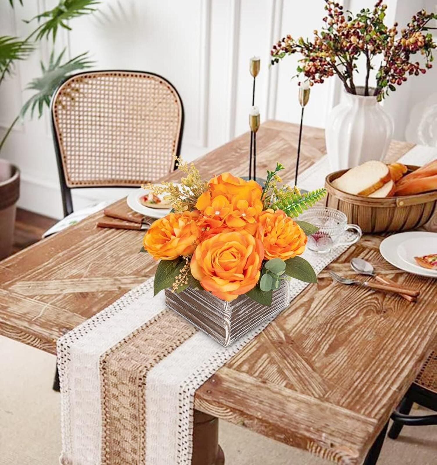Artificial Flower Arrangement, 8” Orange Roses Peonies Hydrangeas in Wooden
