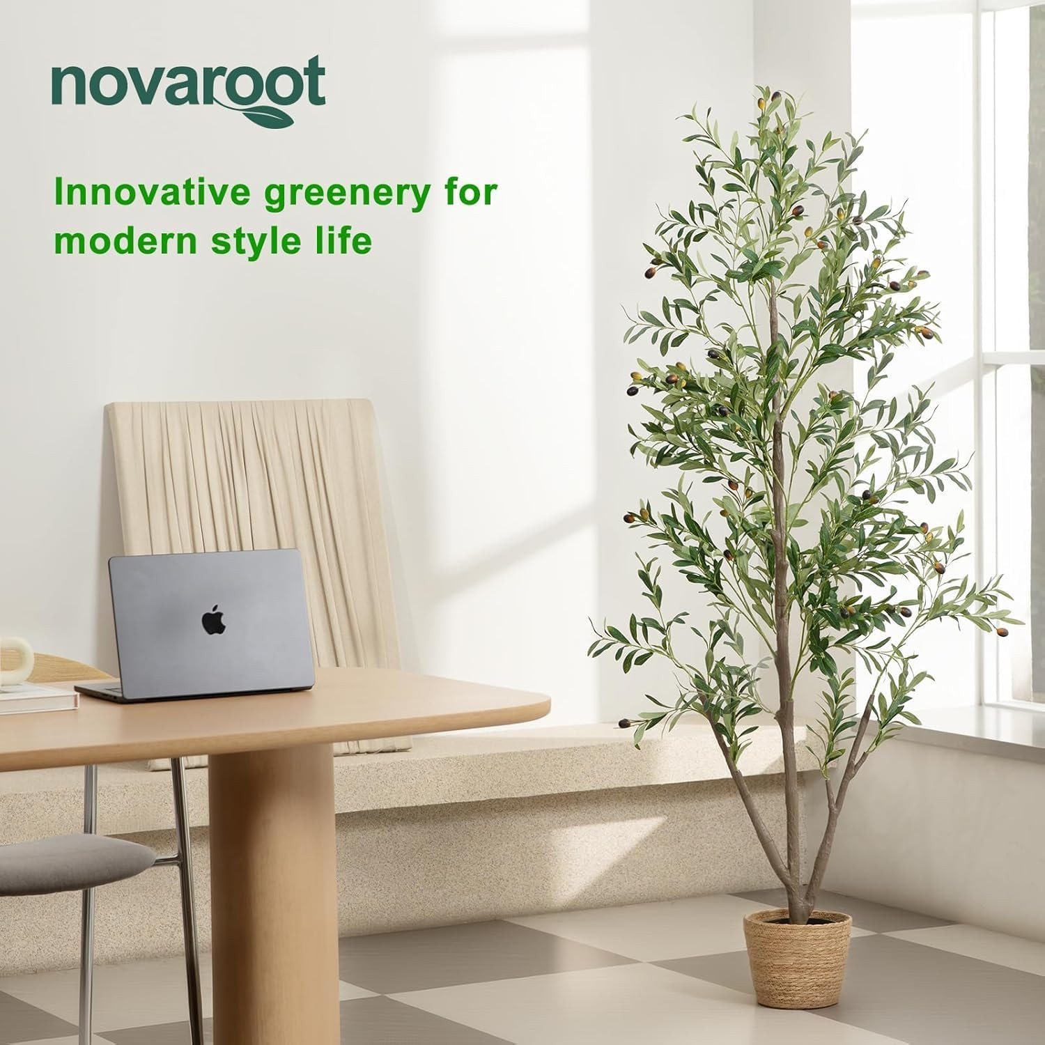 7FT Tall Faux Olive Tree with Natural Trunk & Planter for Home Decor