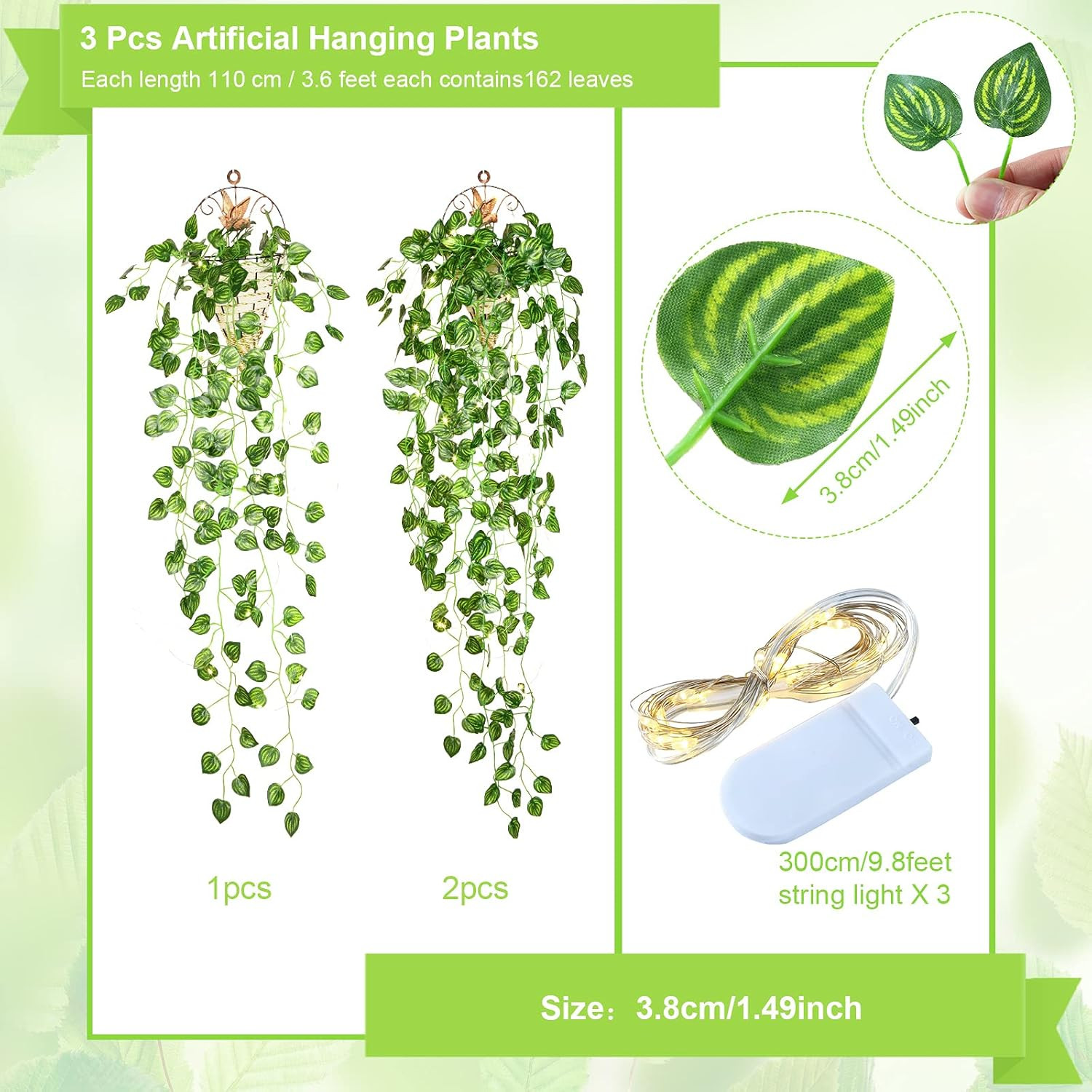 3 Packs LED Artificial Hanging Plants, 3.6 Ft Fake Hanging Plant, Ivy Vine Fake