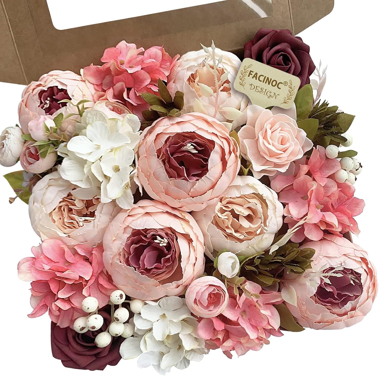 19 Pcs Dusty Blush Pink Roses, Artificial Bouquet Box Set DIY Bridal