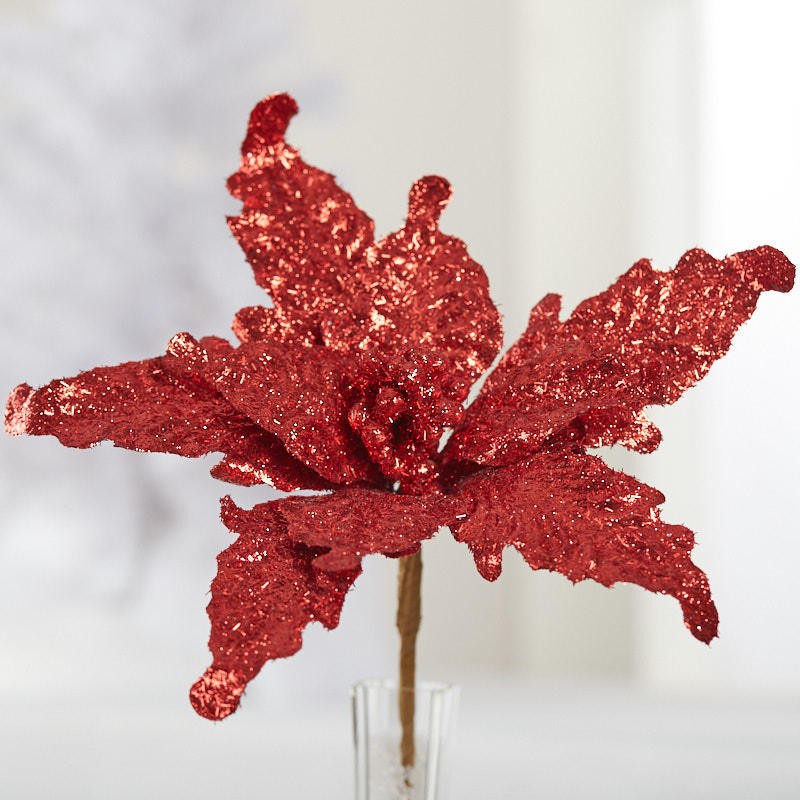 Set of 6 Sparkling Red Tinsel Artificial Poinsettia Floral Stems
