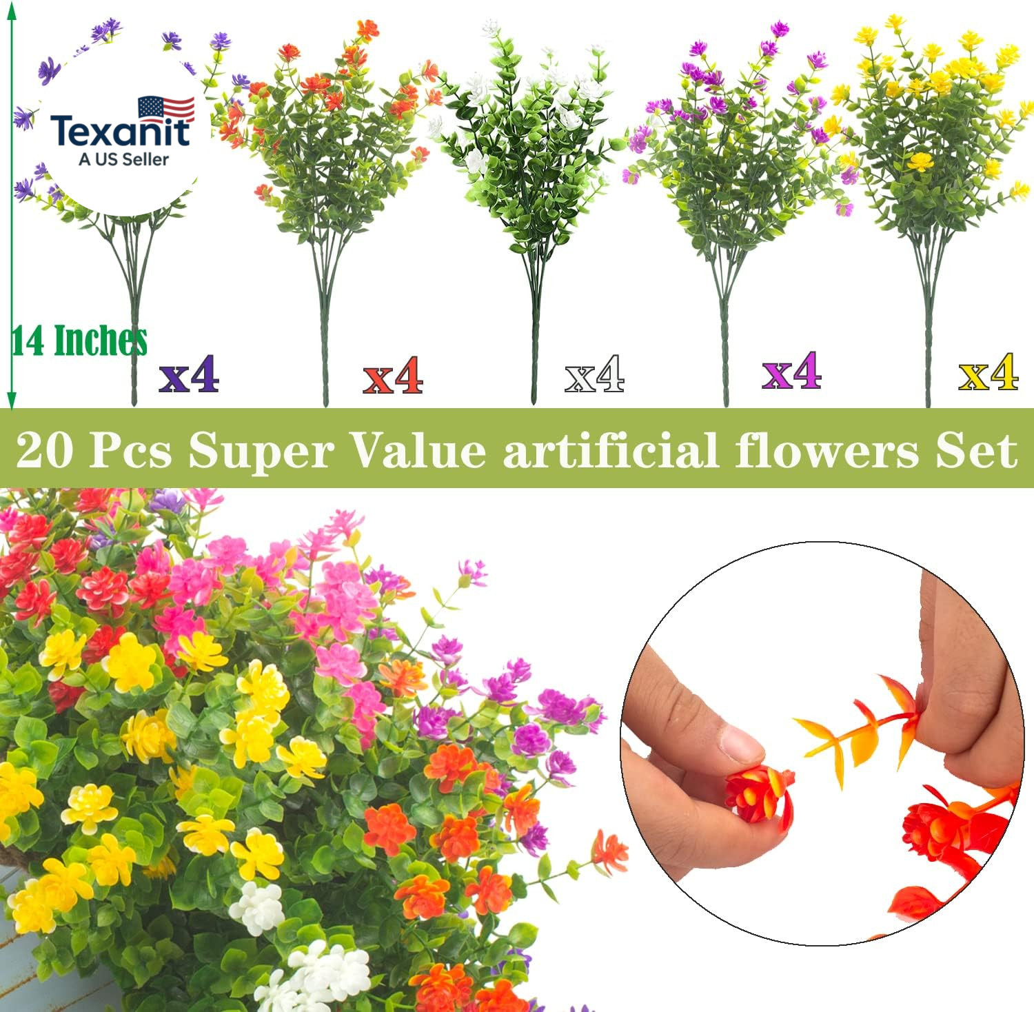 20 Bundles Outdoor Artificial Fake Flowers UV Resistant Boxwood Faux Plastic Pla