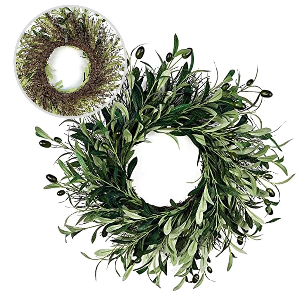 All Season Green Olive Flower Wreath Handcrafted For Front Door Decoration