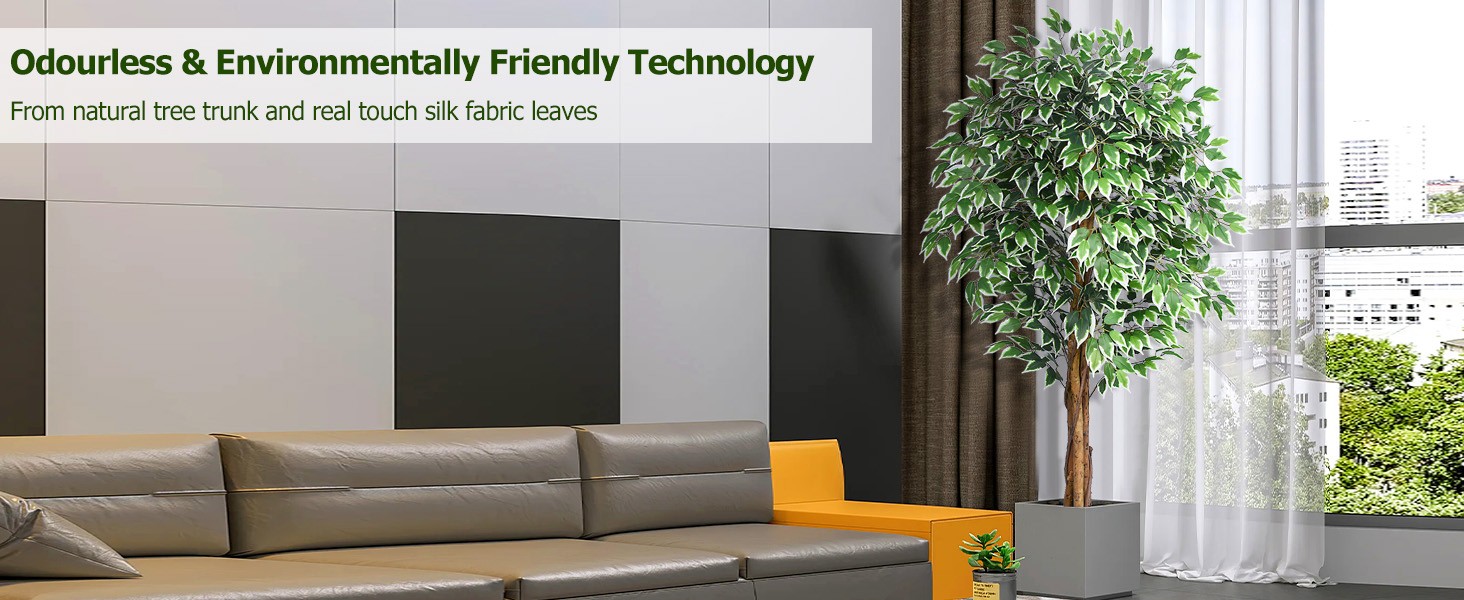 6.2ft Ficus Artificial Trees with 3 Natural Curved Trunks, 74″ Tall Lush Faux