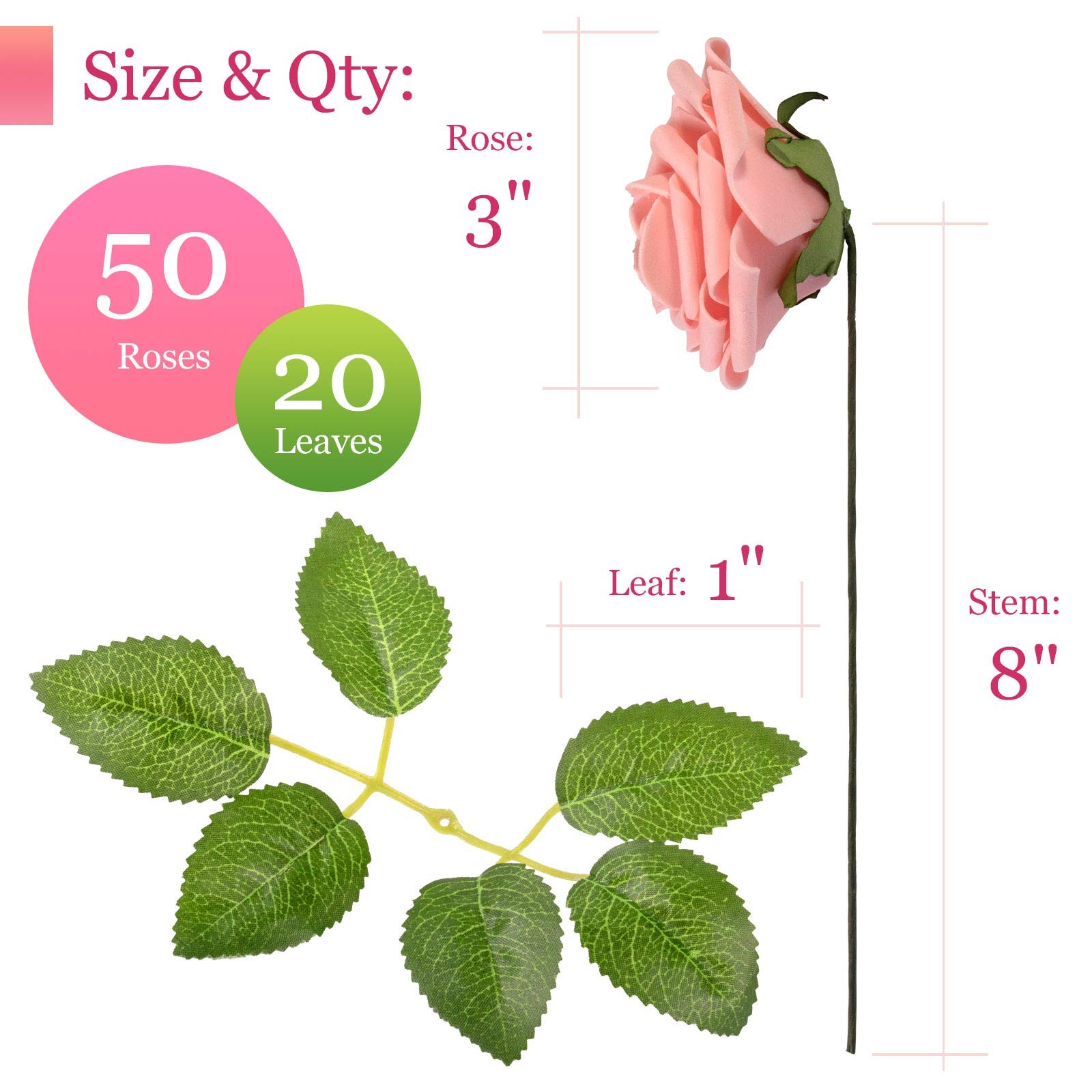 Artificial Peach Pink Foam Roses with Stems & Leaves – Pack of 50, Perfect fo…