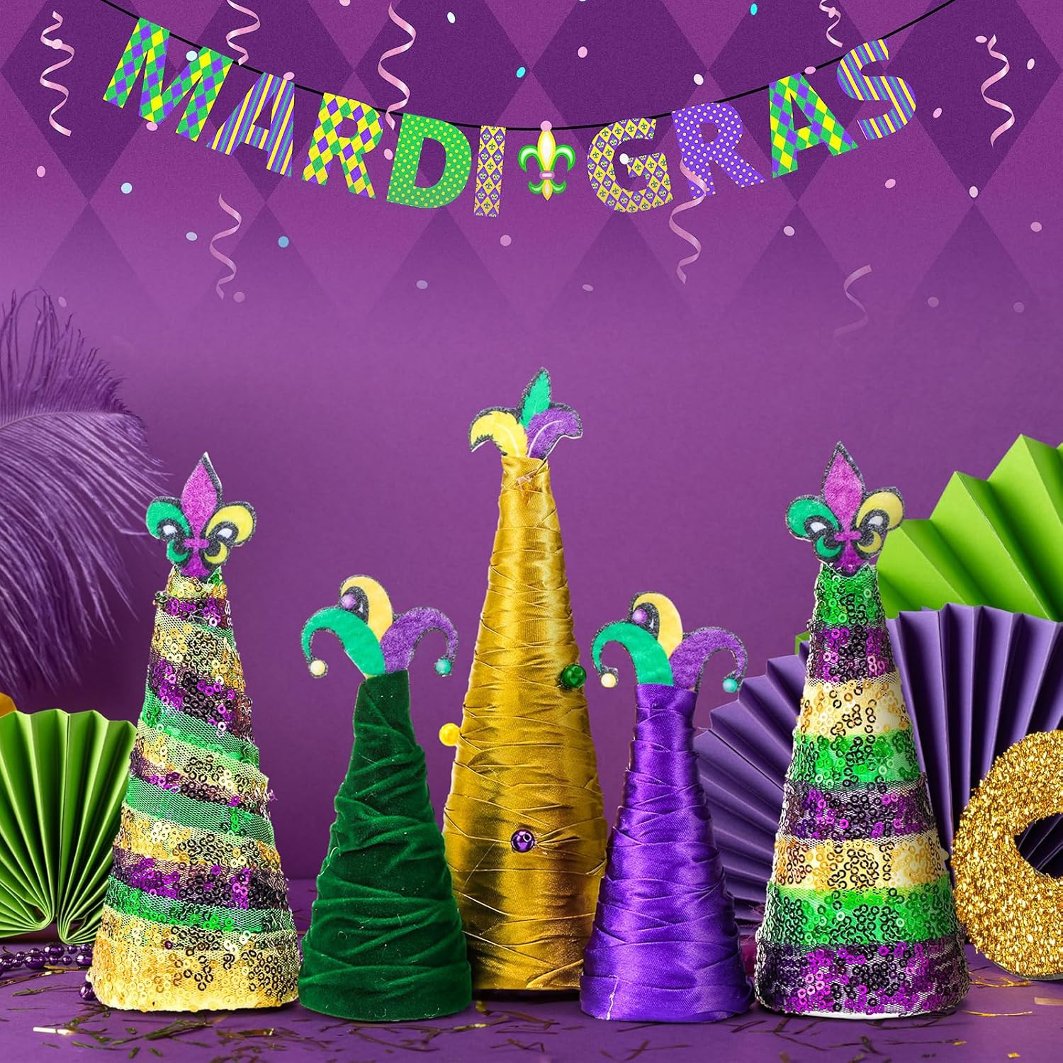 5 Pcs Mardi Gras Decorations Cone Tree Table Decor Yarn Wrapped Purple Green Gol