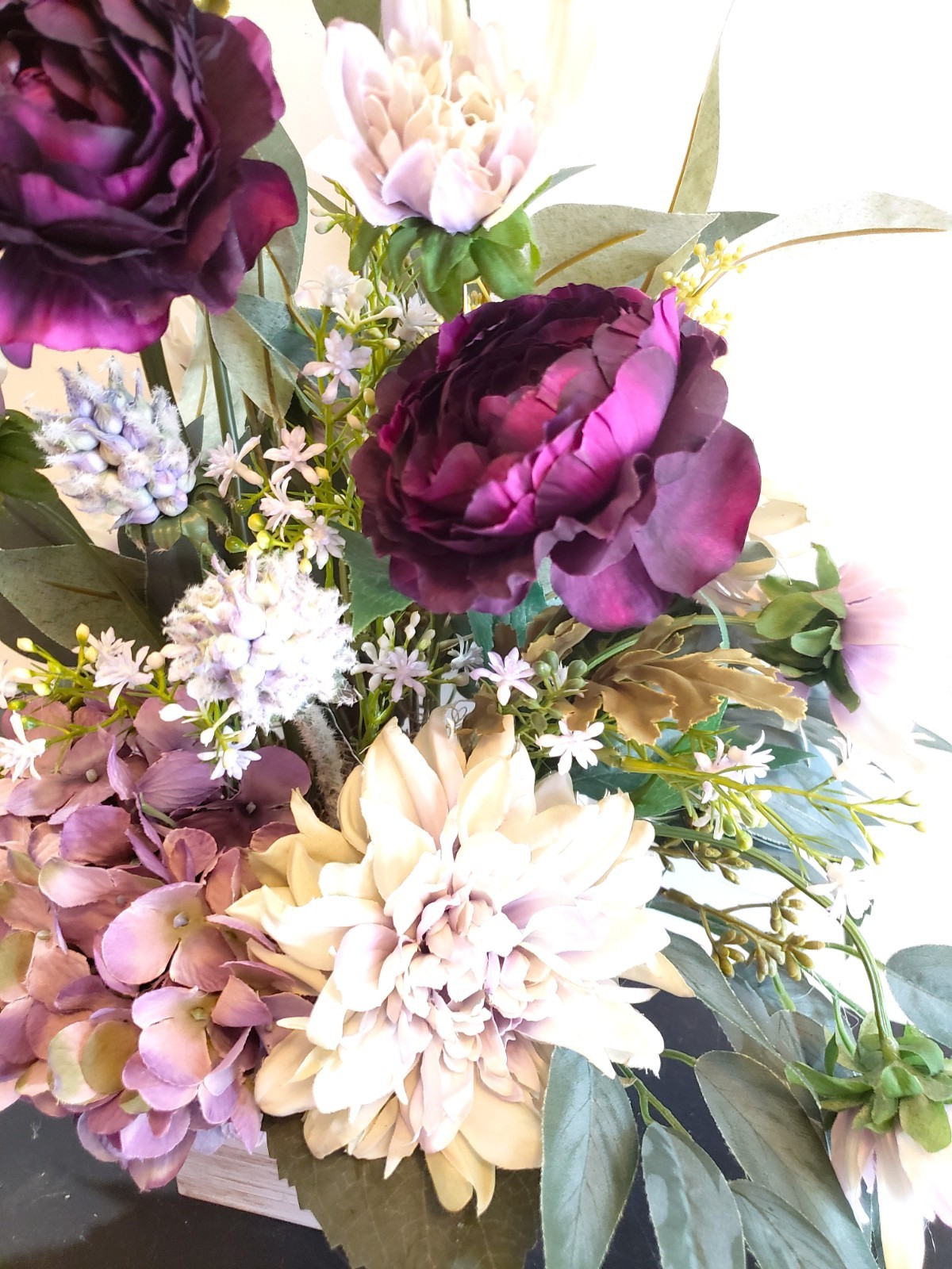 Purple Hydrangea & Aubergine Ranunculus Floral Arrangement, Green Dahlia Floral