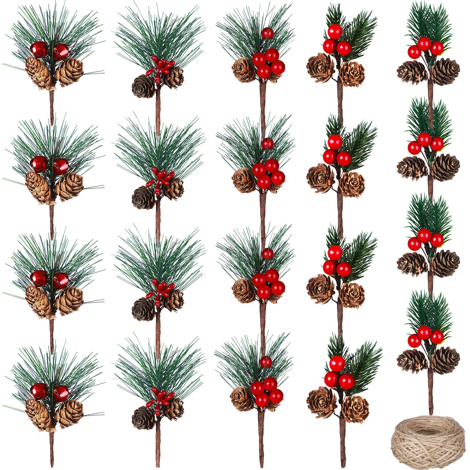 20 Pieces Christmas Artificial Pine Picks Set Simulation Pinecones Acorns Red…