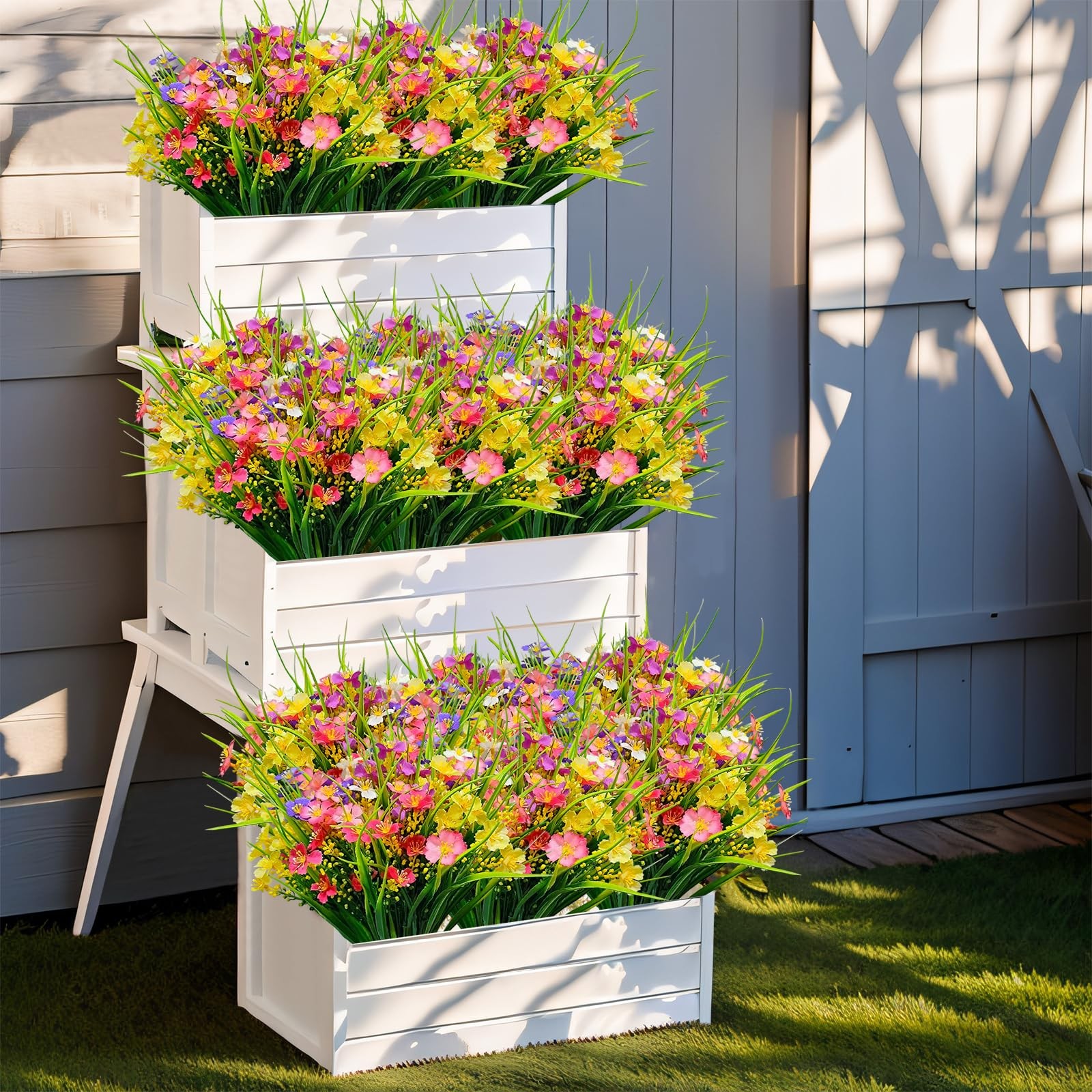 12 Bundles Artificial Flowers for Outdoor: UV Resistant Faux Silk Wildflowers…
