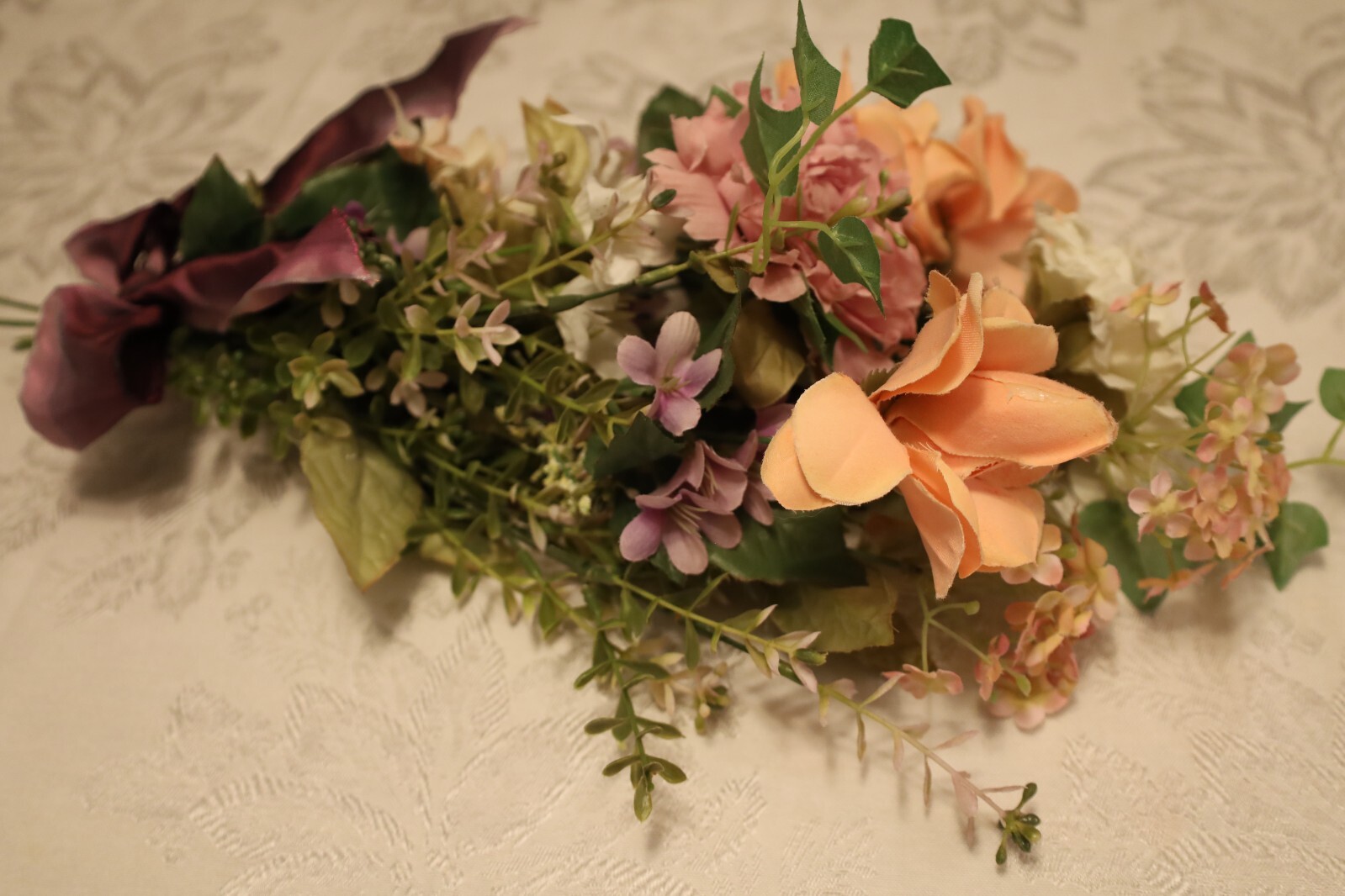 Spring Silk Floral Door Hanger or Wall Arrangement in Purples and Pinks