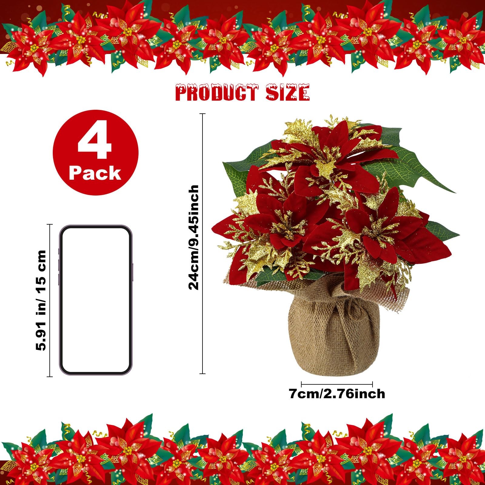 4 PCS 9 Inch Mini Artificial Poinsettias In Pots Faux Red Glitter Plants Xmas