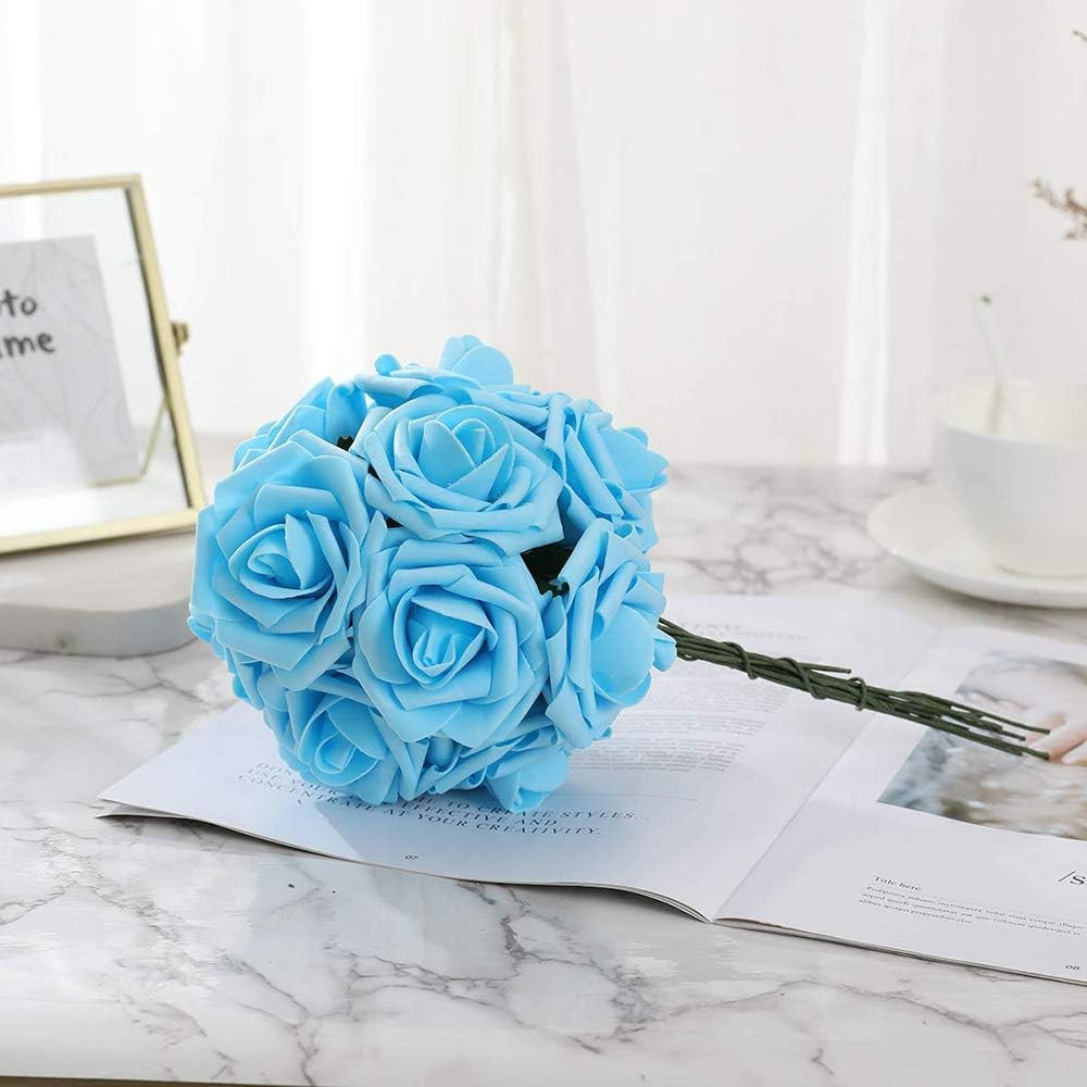 Artificial Flowers 25pcs Real Looking Blue Foam Fake Roses with Stems for DIY…