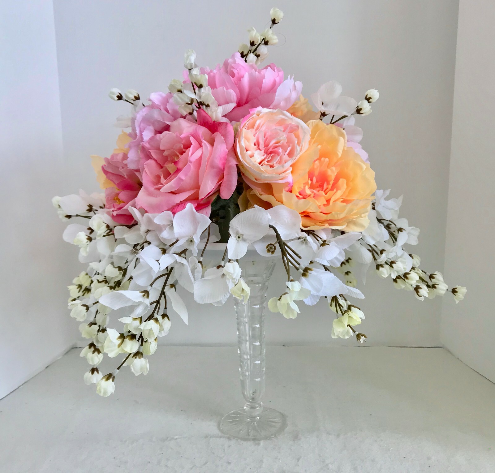 Floral Arrangement Centerpiece Multi-Colored Silk Flowers Cut Glass Vase