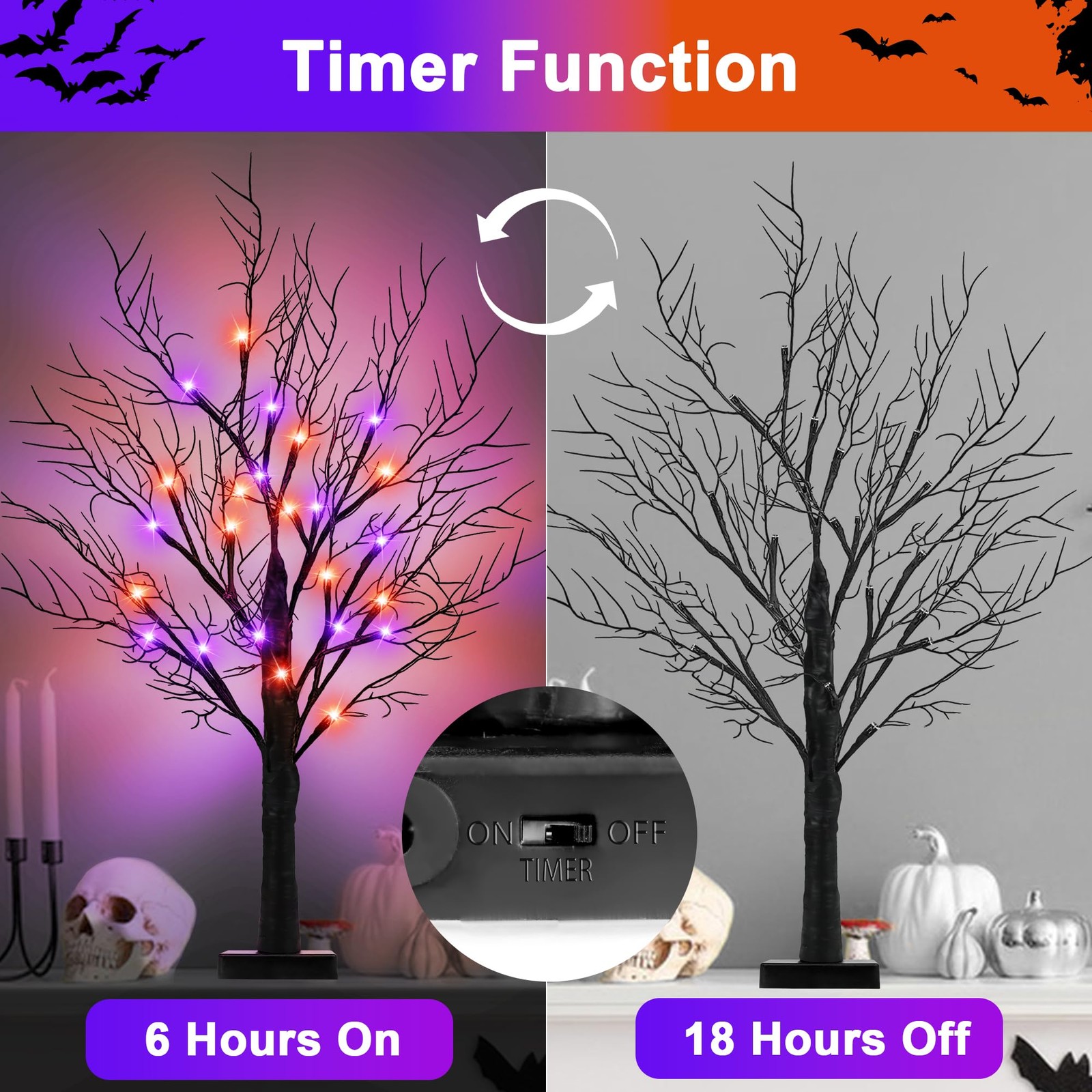 Halloween Decorations 2 Pack 24 Inch Halloween Tree 24 Orange & Purple Lights