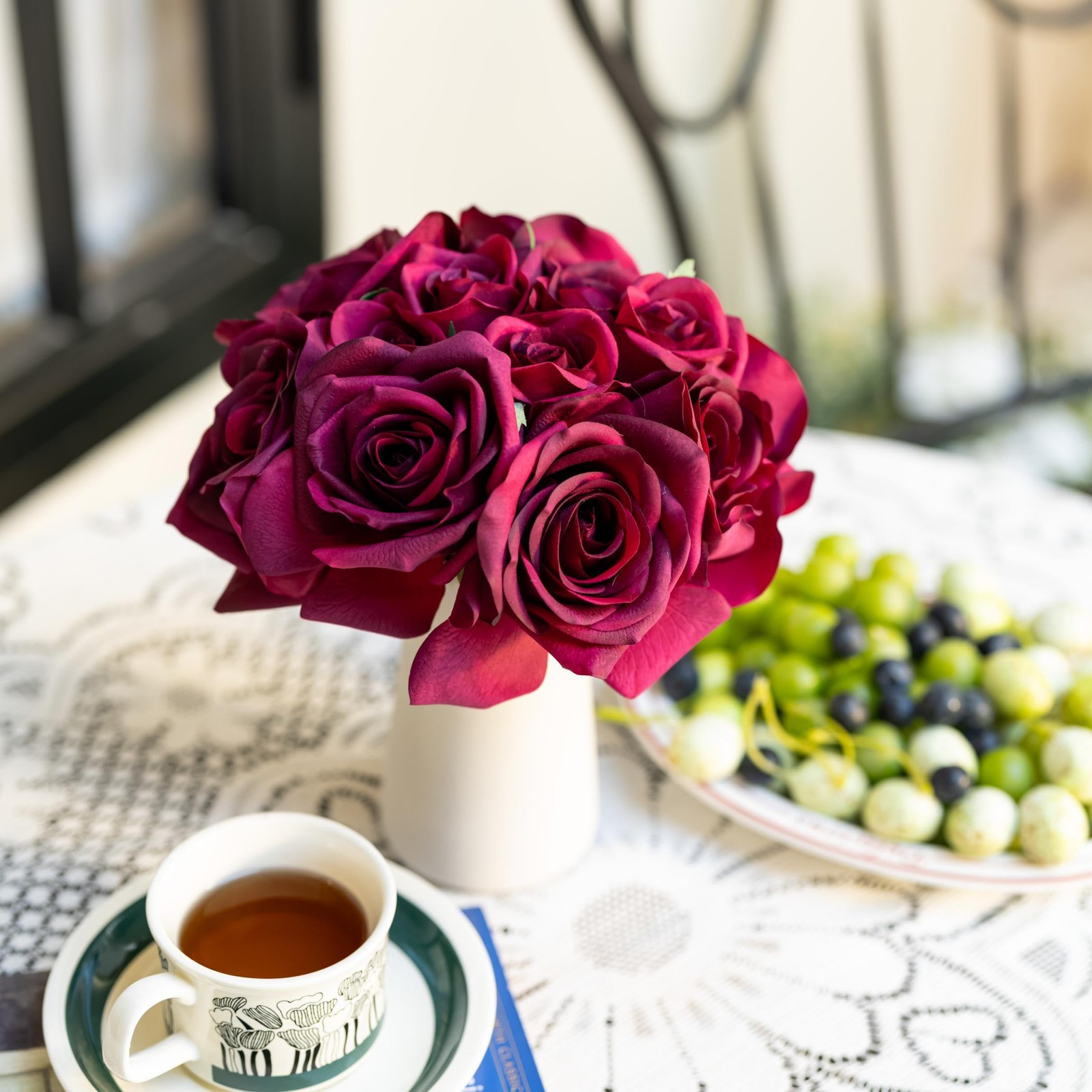 12-Piece Faux Real Touch Rose Bouquet with Ceramic Vase, Fake Flowers in Vase…