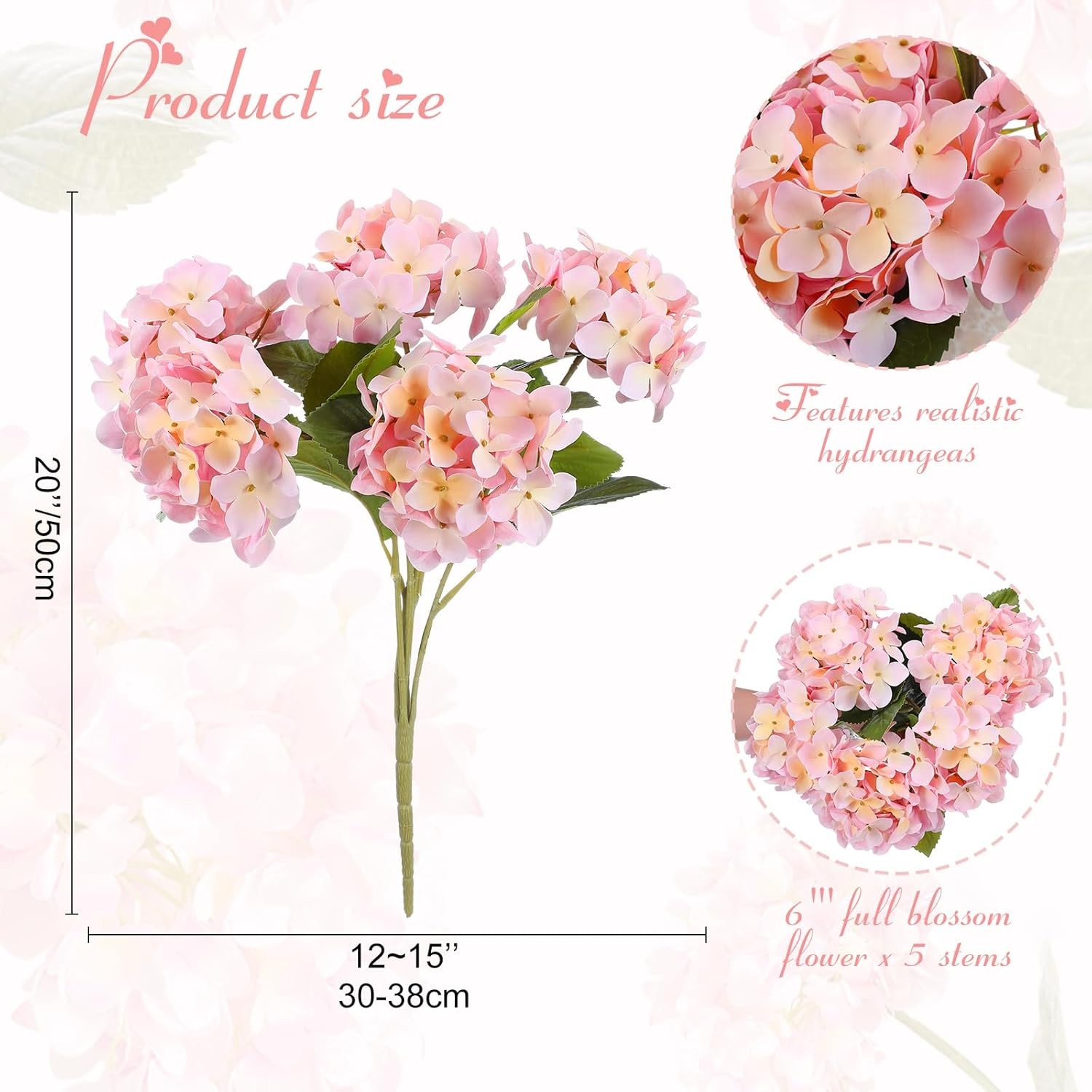 2 Pcs Pink & White Outdoor Artificial Hydrangea Stem Large Faux Hydrangea Bushes