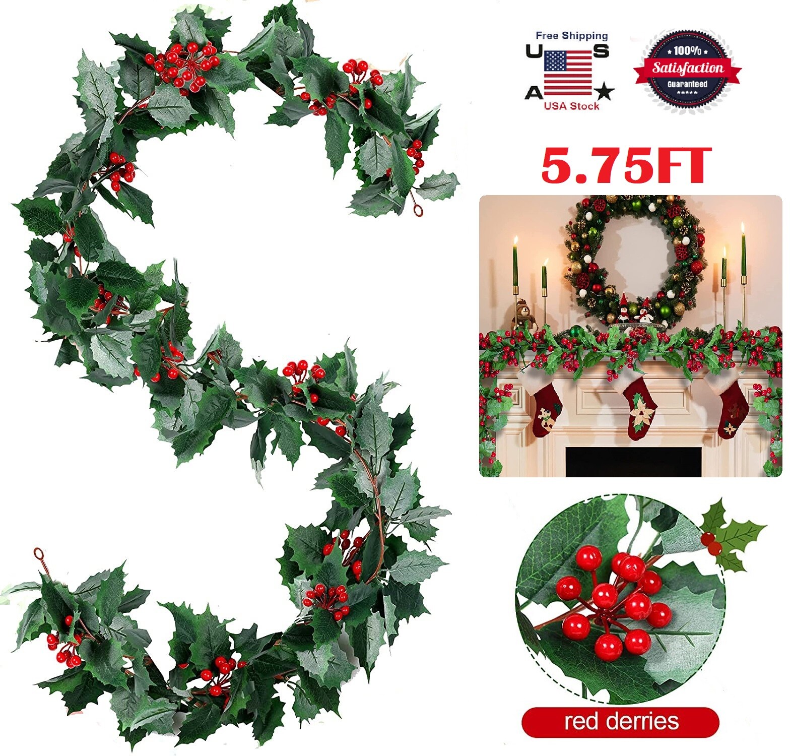 5.8Ft Christmas Red Berries & Holly Garland Foliage Xmas Fireplace Home Decor US