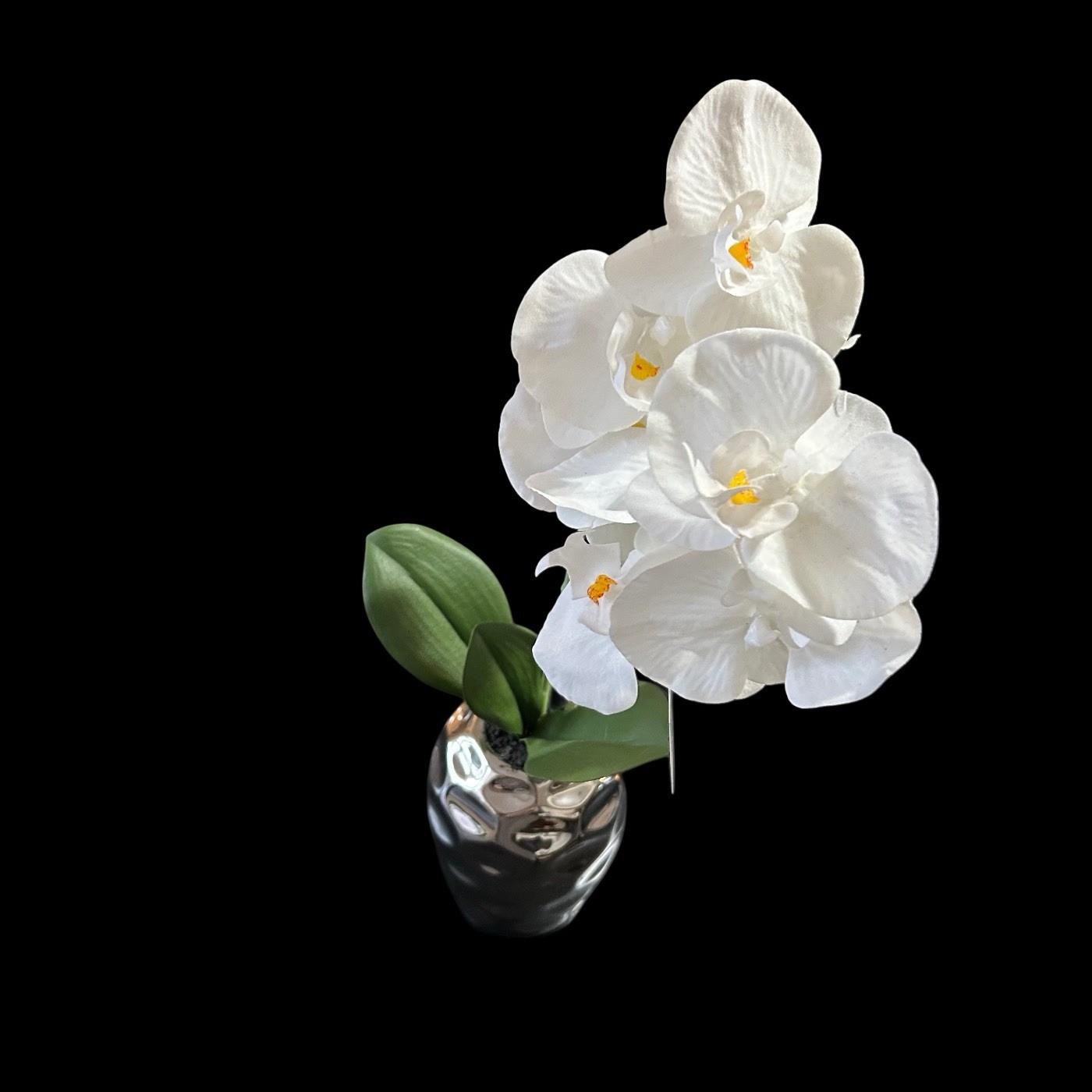 Orchid Floral Plant In Silver Metallic Vase 17” Table Art Modern Home Decor New