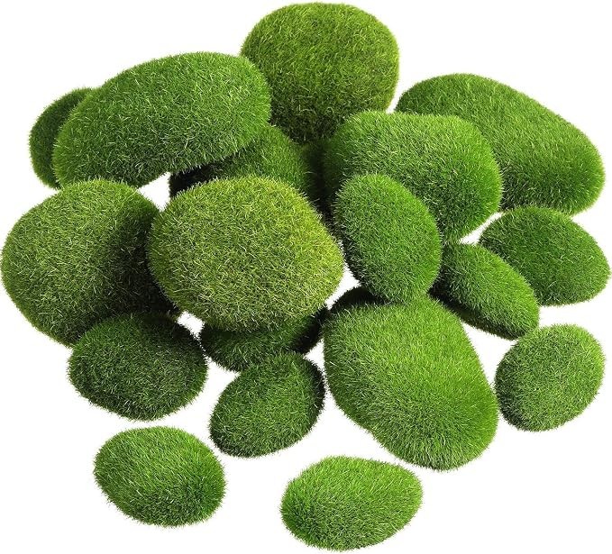 20 Pcs Artificial Moss Rocks Faux Green Moss Balls Covered Stones for Garden