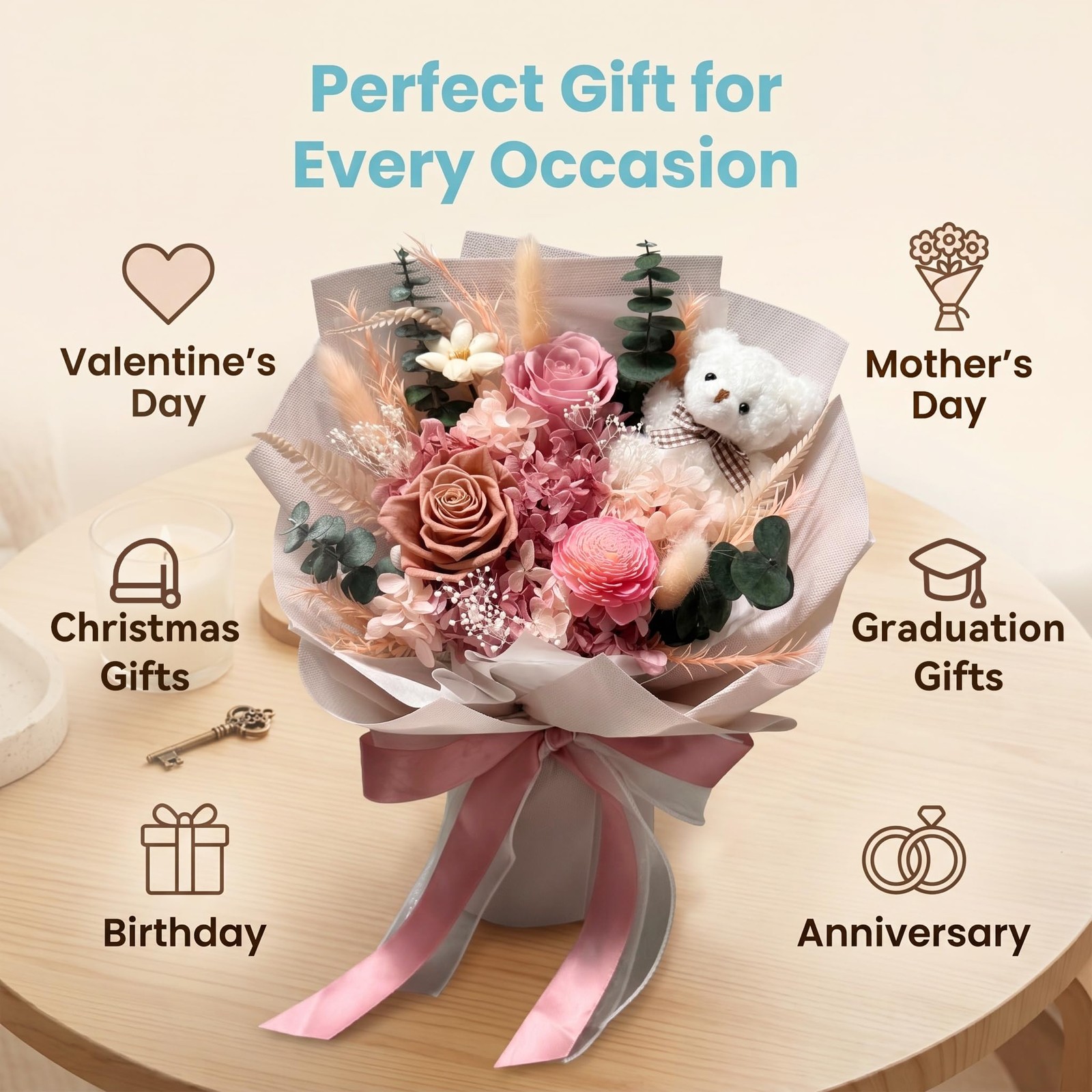 Pink Roses Bouquet Preserved Forever Flowers Gift For Mother Women Wife Mom