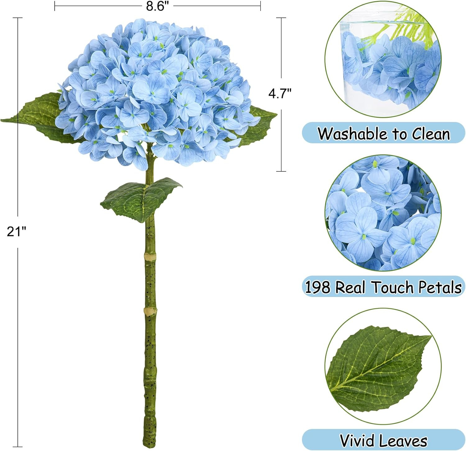 4 Pcs 21″ Hydrangea Artificial Flowers, Realistic Blue Latex Real Touch Faux Hyd