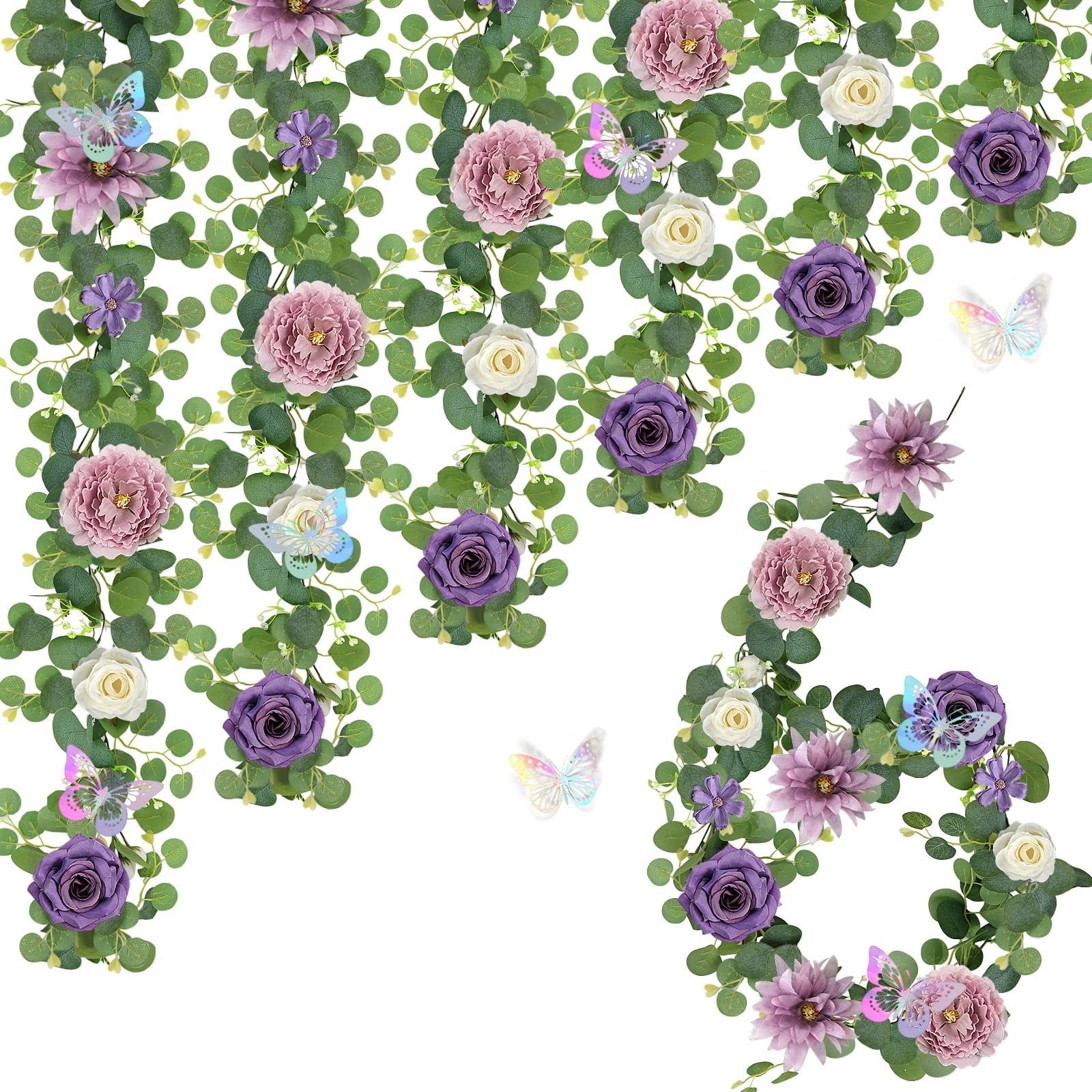 6 Pack 5.9FT Faux Flower Garland with Butterflies – Light Purple Rose & Eucalypt