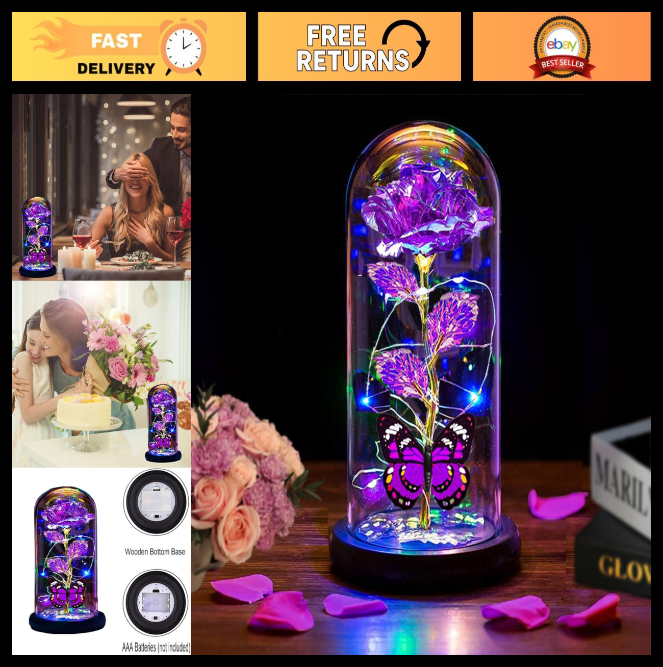 Valentine’s Day Light Up Rose Flowers Gift for Her, Mom, Wife, Girlfriend – Purp