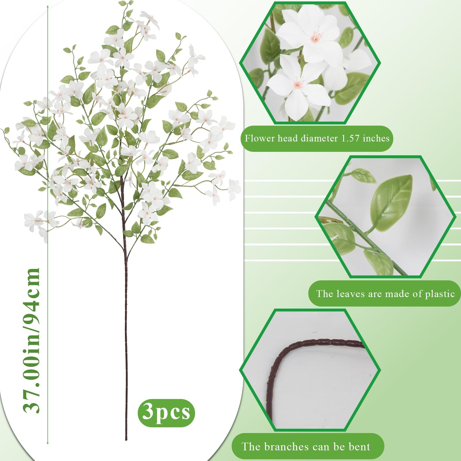 3 Pcs Artificial White Flowers Long Stems Bulk for Tall Vase Artificial Green…