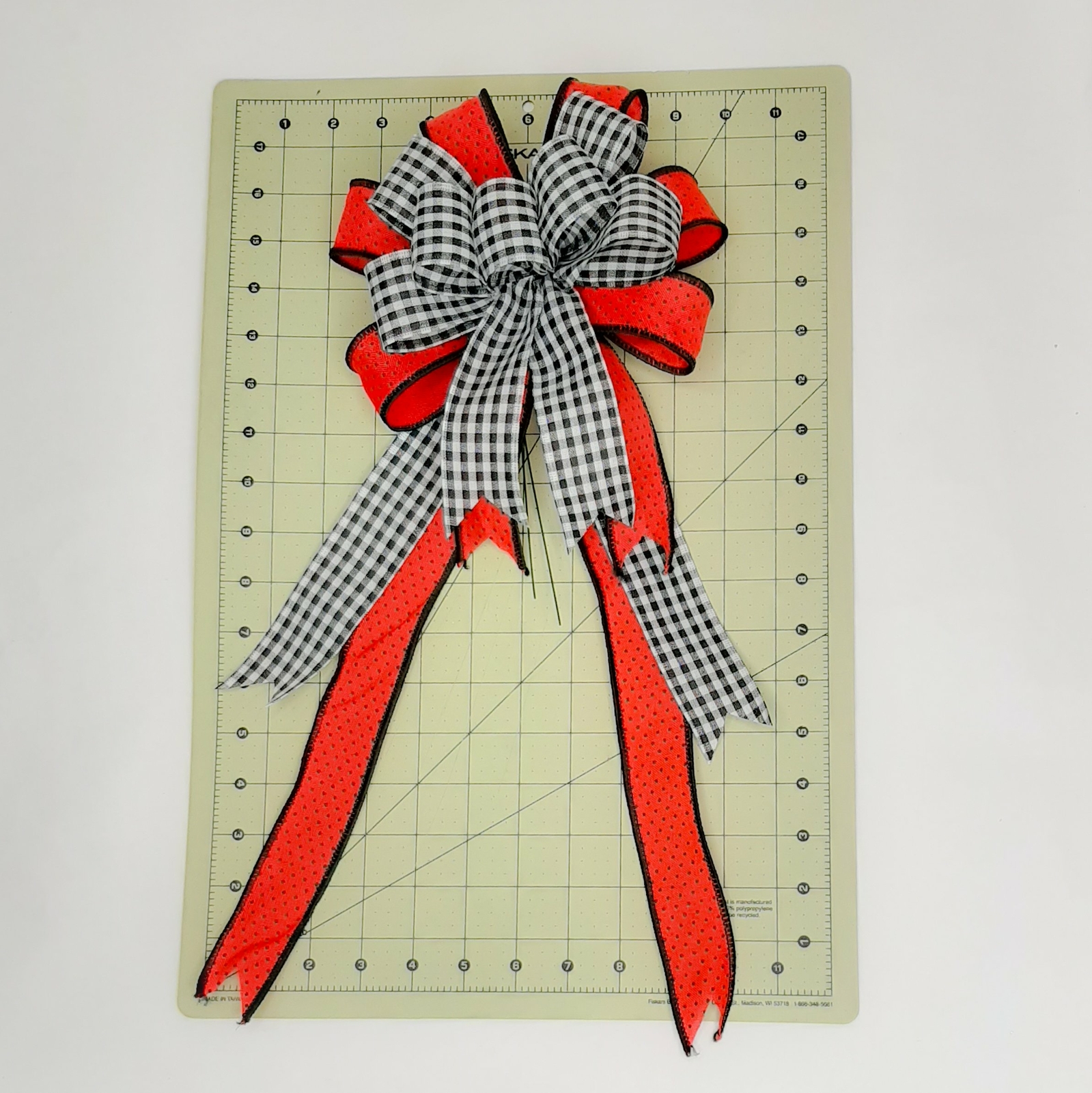 Wreath Bow, Red and Black Gingham Check, Dots