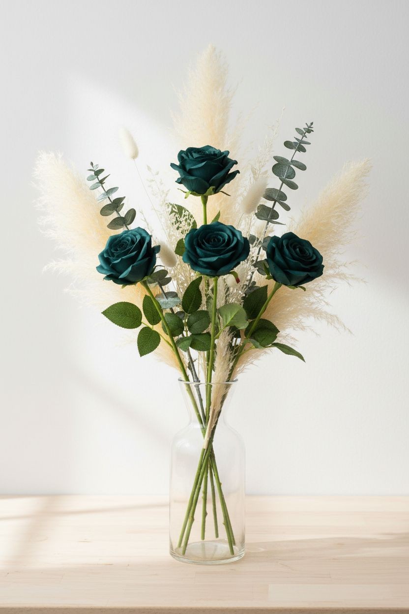 Set of 6 Dark Teal Green Artificial Rose Stems Peacock Teal Faux Roses Boho Wedd