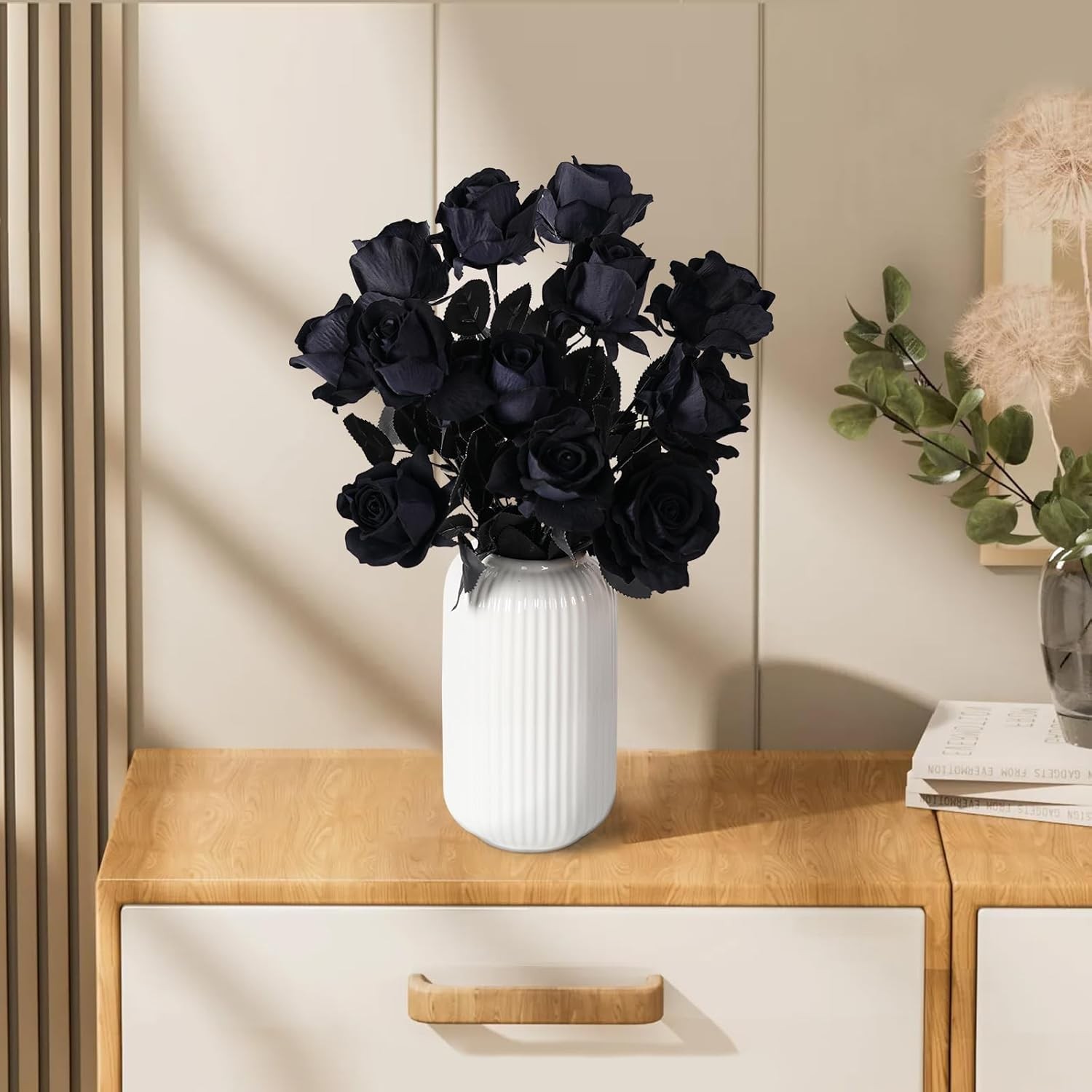 12 Pcs Black Roses Artificial Flowers with Long Stem, Faux Silk Rose Bouquet Rea