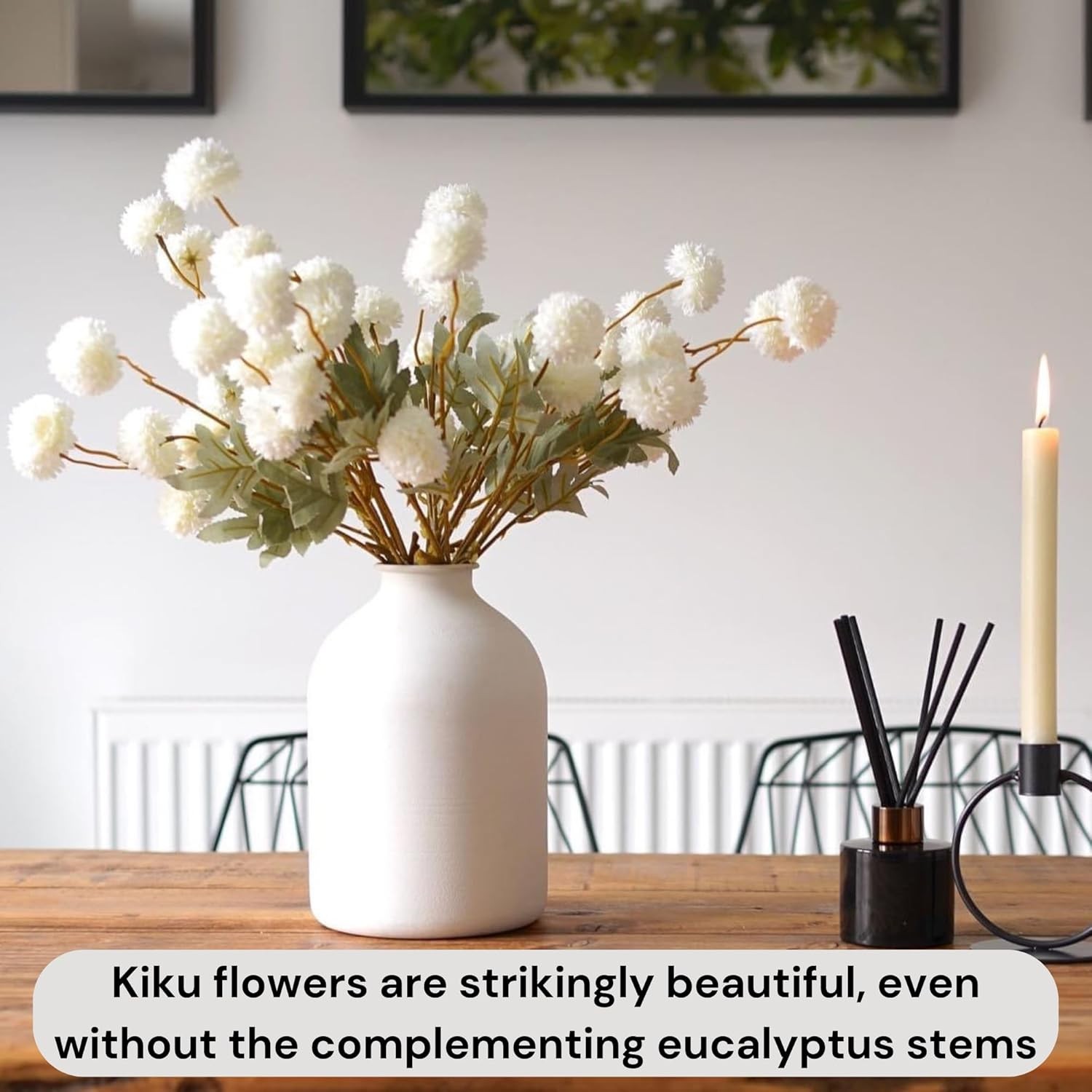 White Faux Flowers for Vase – Kiku 10 Stems & Eucalyptus, Fake Flowers Stems