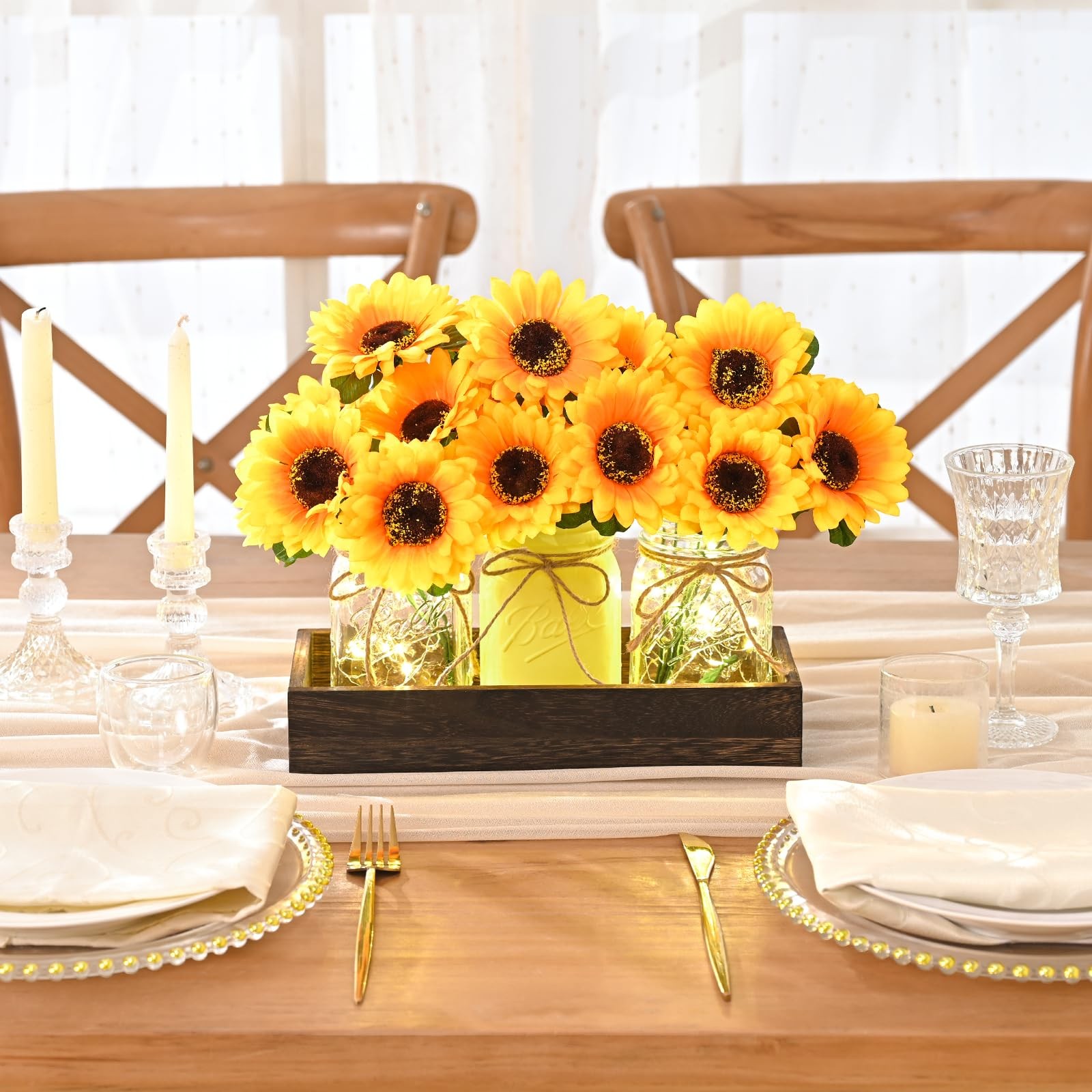 Centerpiece Table Decorations – 3Pcs Sunflowers Artificial Flowers in Mason Jars