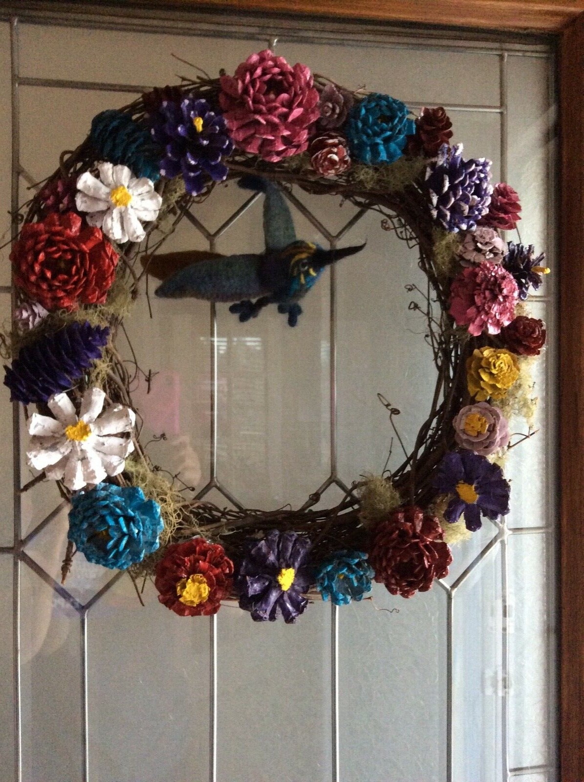 Pine cone Wreath, blue,pink, Purple Colors with wool tufted hummingbird