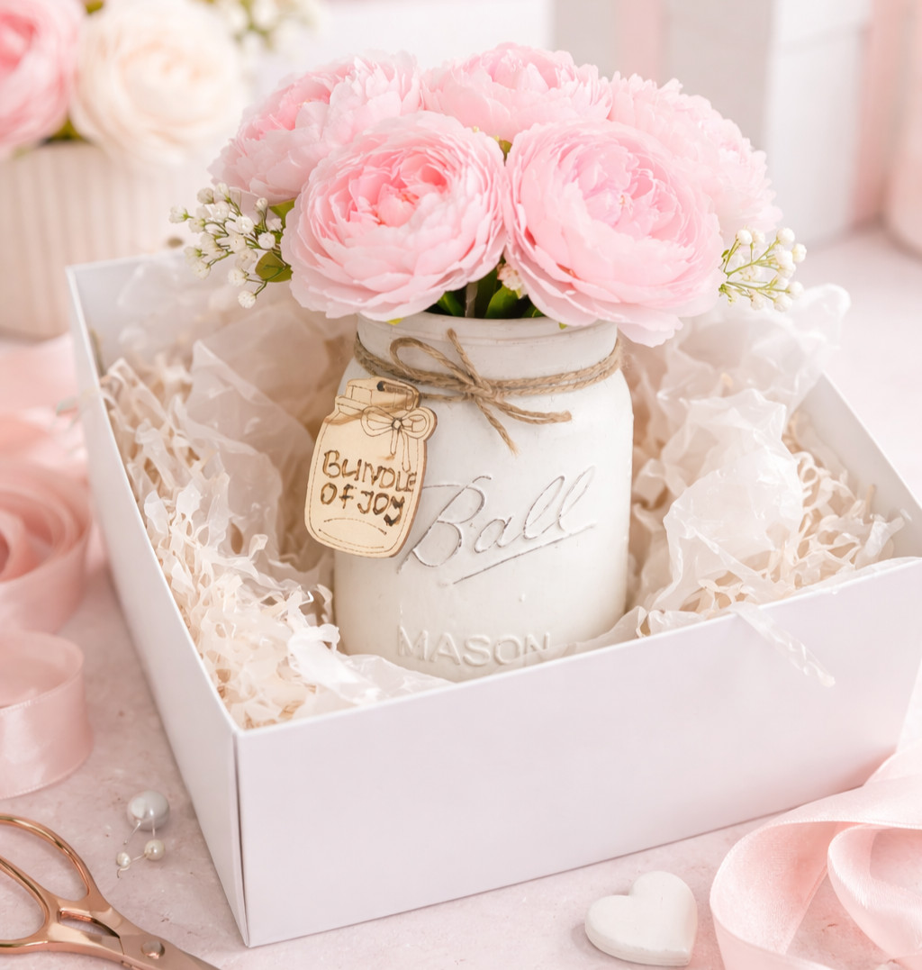Pink Peony Custom Tag Mason Jar Arrangement Baby Shower Centerpiece Home Decor