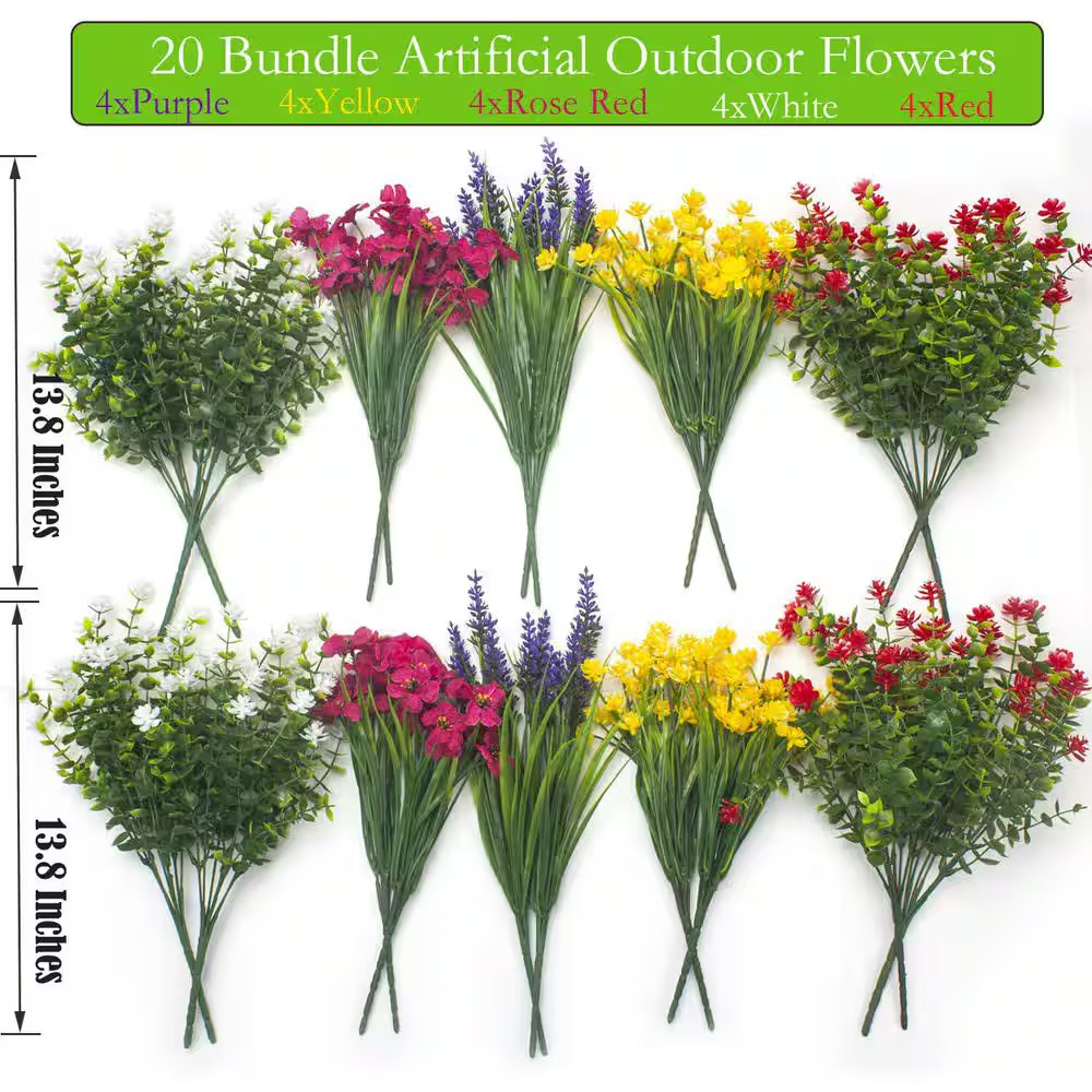 13.8 In. Multi-Colored Outdoor Artificial Flowers Fake Plastic Plants 20-Bundles