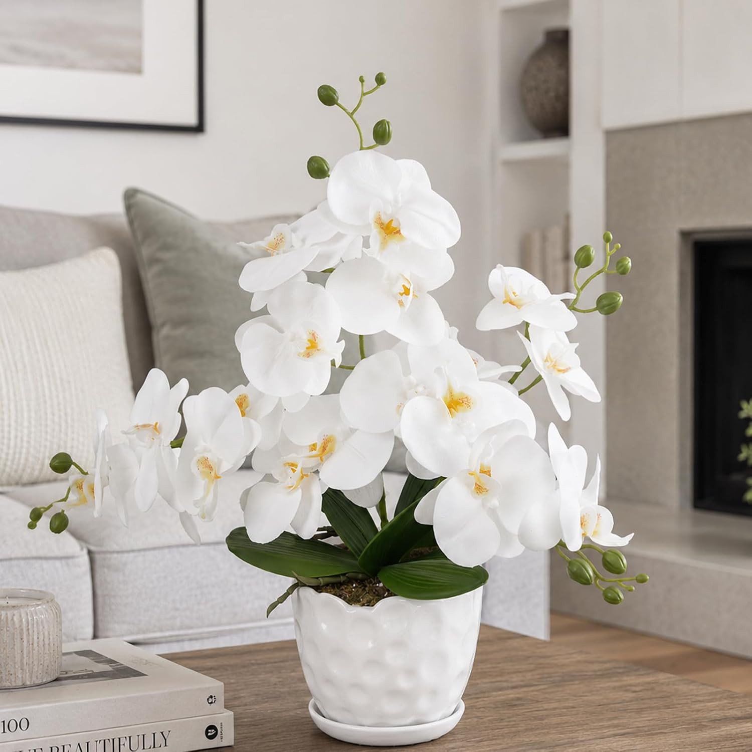 17″ Orchids Artificial Flowers White Fake Orchid Plant with Ceramic Pot Real Tou