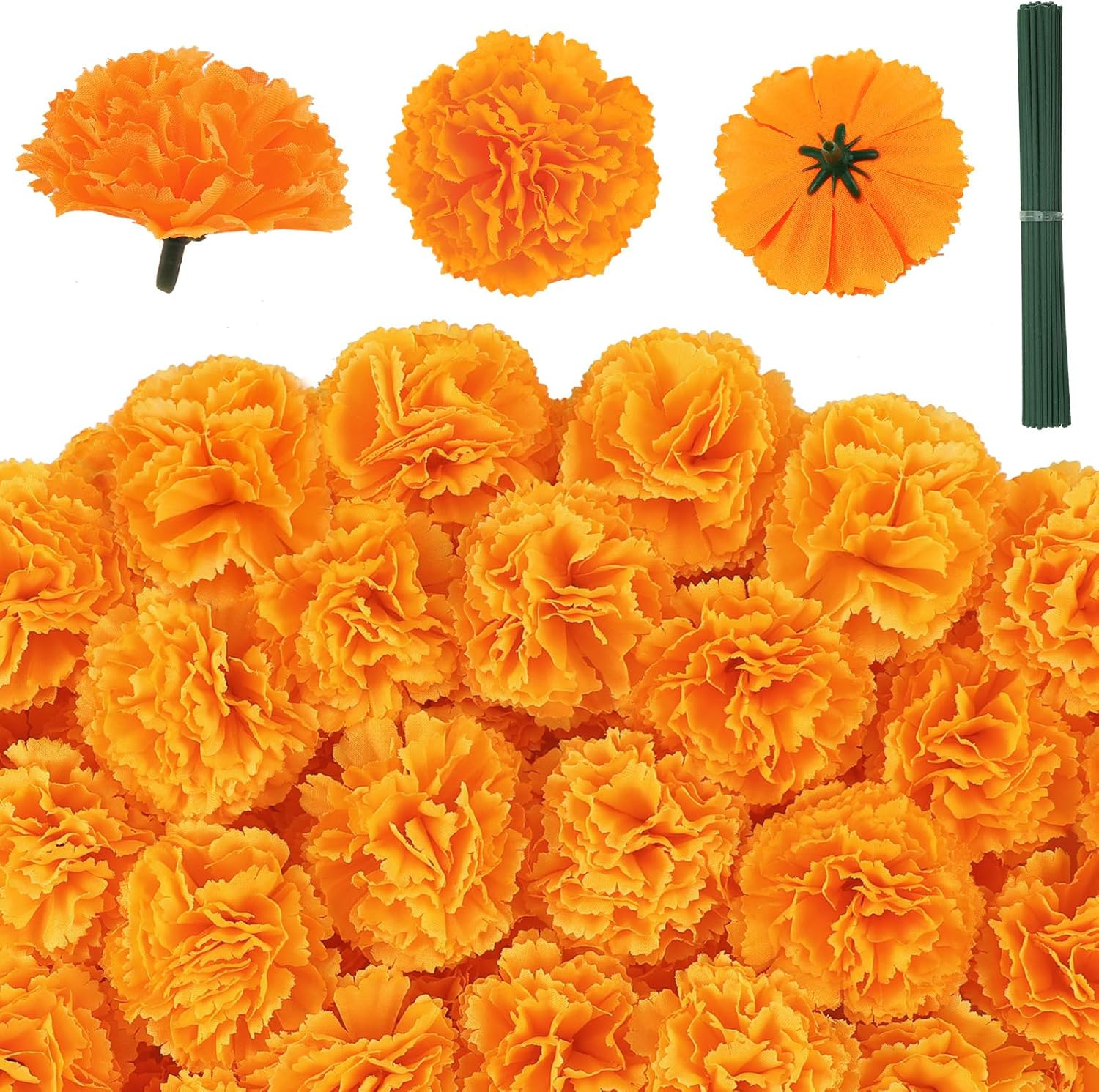 80 Pcs Artificial Marigold Flowers, 2 Inch Silk Marigolds Bulk with Stems, Orang