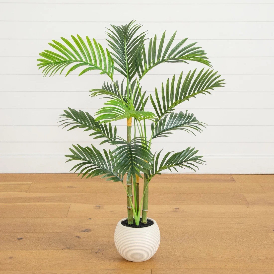 43″ Tall Artificial Potted Palm Plant, Plastic – White Ribbed Pot